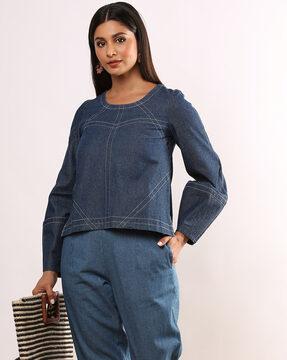 women panelled denim round-neck top