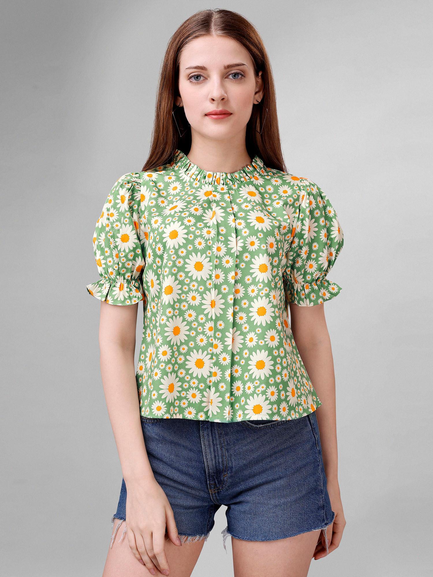 women parrot green flower printed high neck crepe top