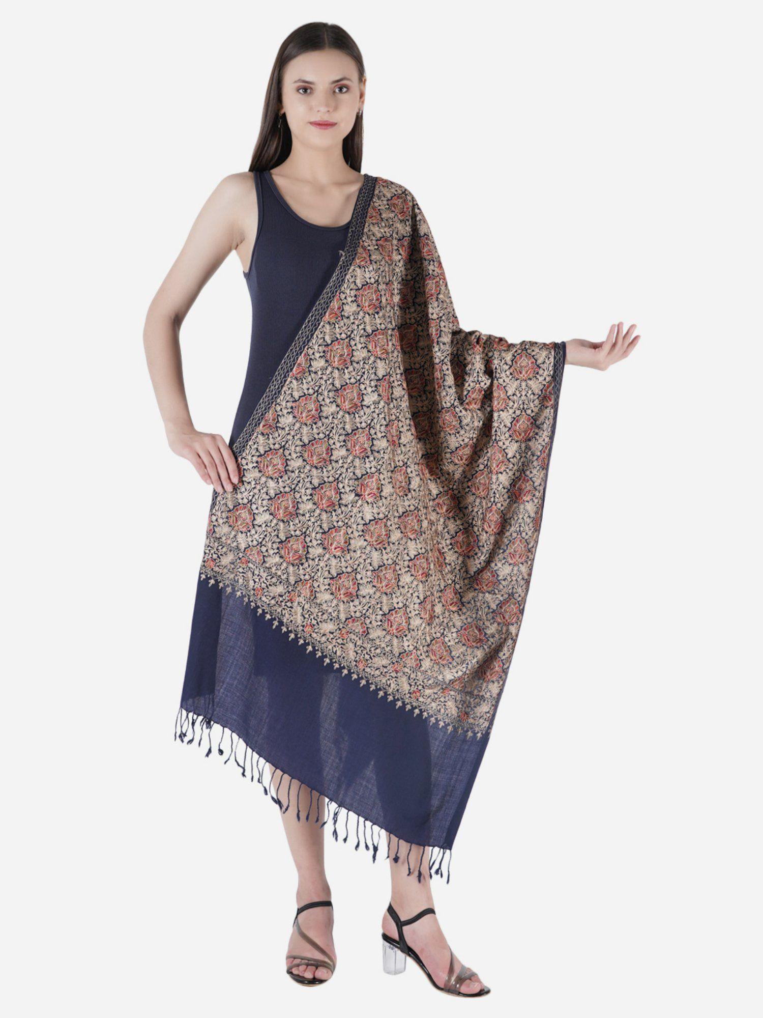 women pashmina fine wool zari embroidery work stole navy blue