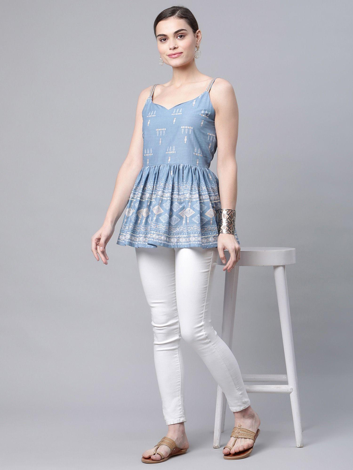 women pastel blue cotton porcian print shoulder straps tunic