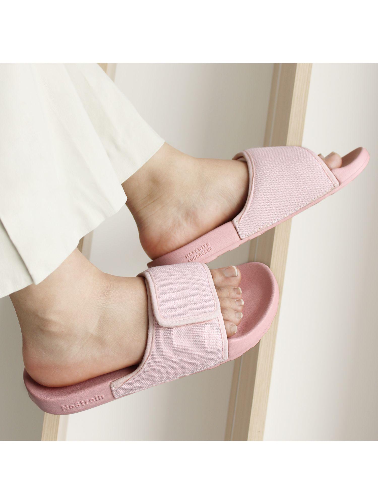 women pastel pink linen sugar sliders