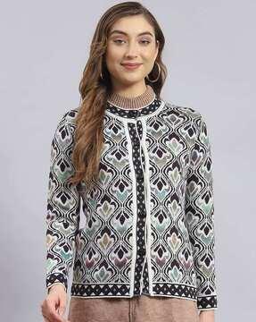 women patterned-knit high-neck cardigan