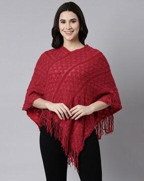 women patterned-knit poncho with fringes women patterned-knit poncho with fringes