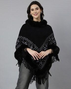 women patterned-knit poncho with fringes