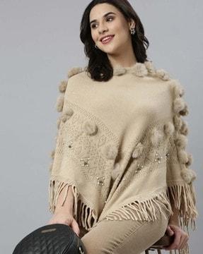 women patterned-knit poncho with fringes