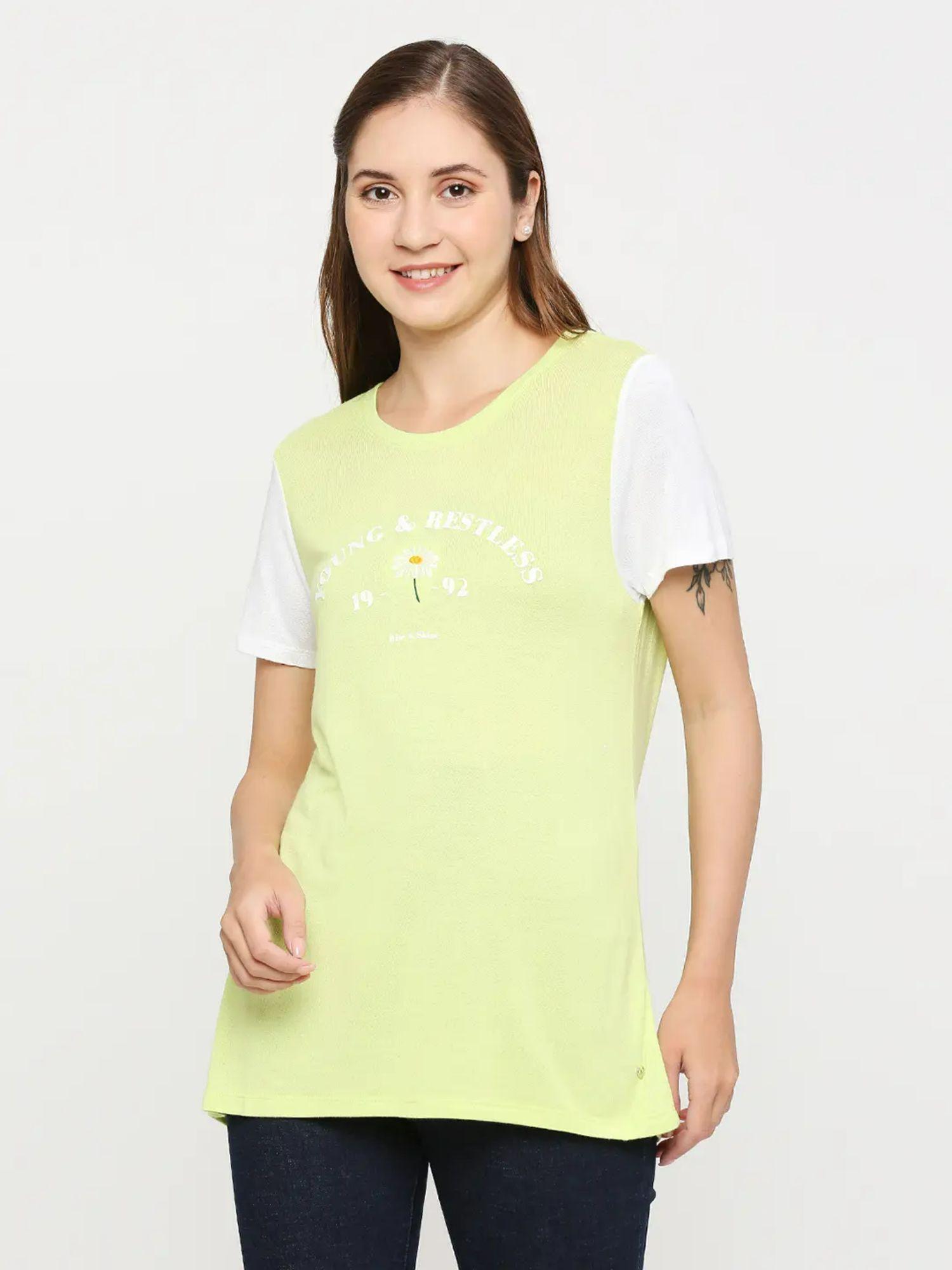 women pea green cotton regular fit round neck printed tshirt