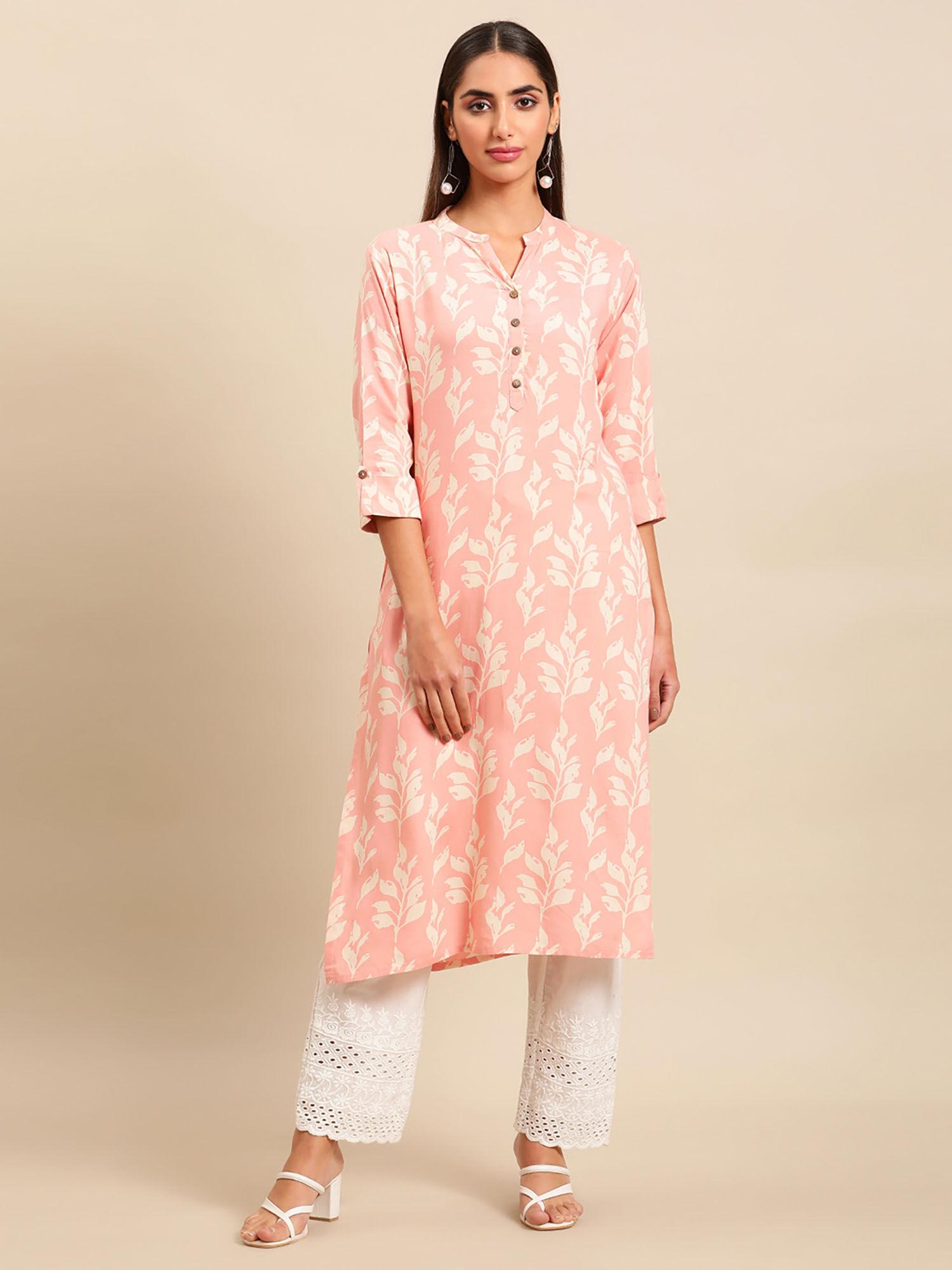 women peach & white floral printed straight kurta