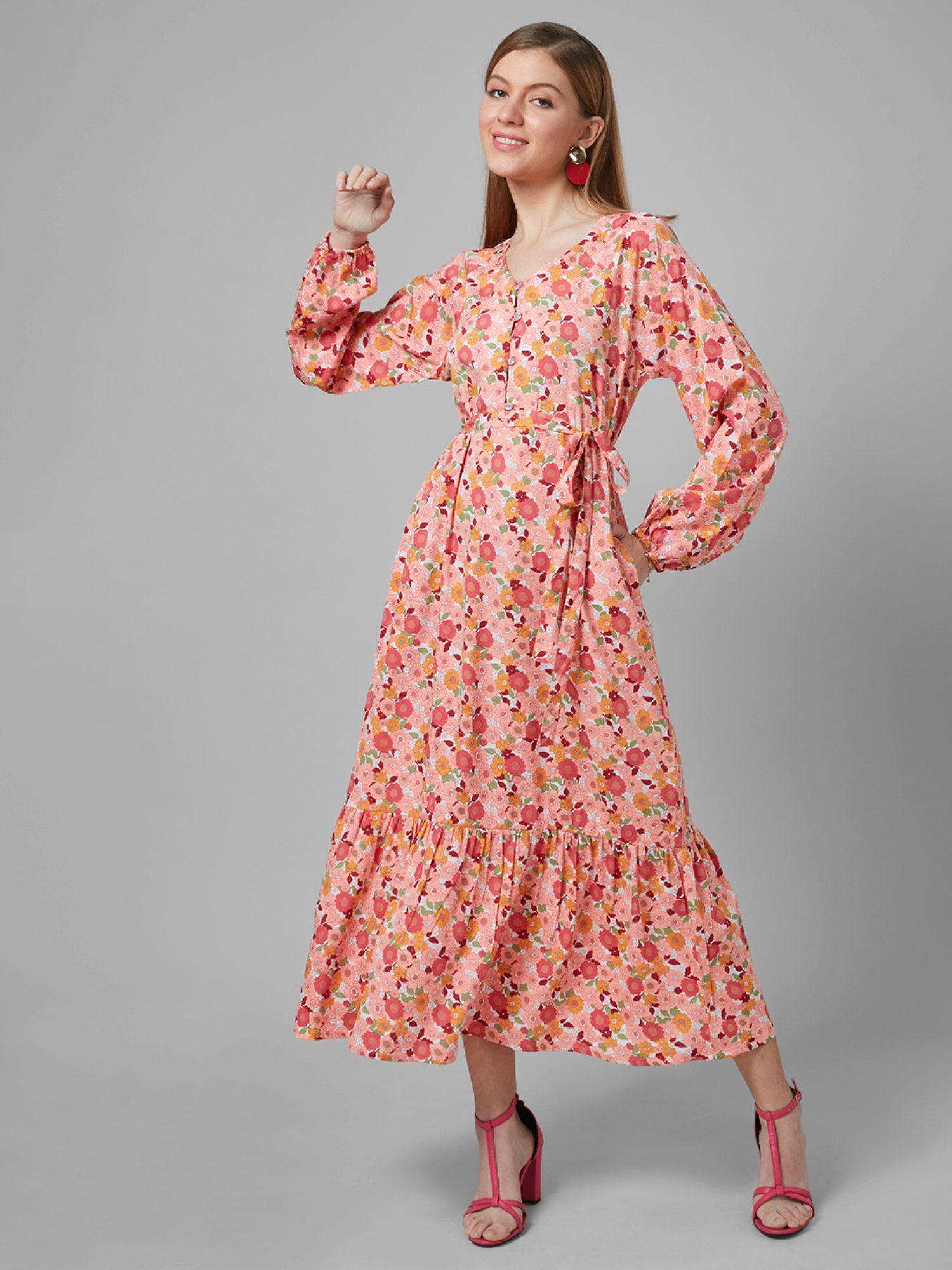 women peach and multi floral polyester fit and flare smart casual maxi dress