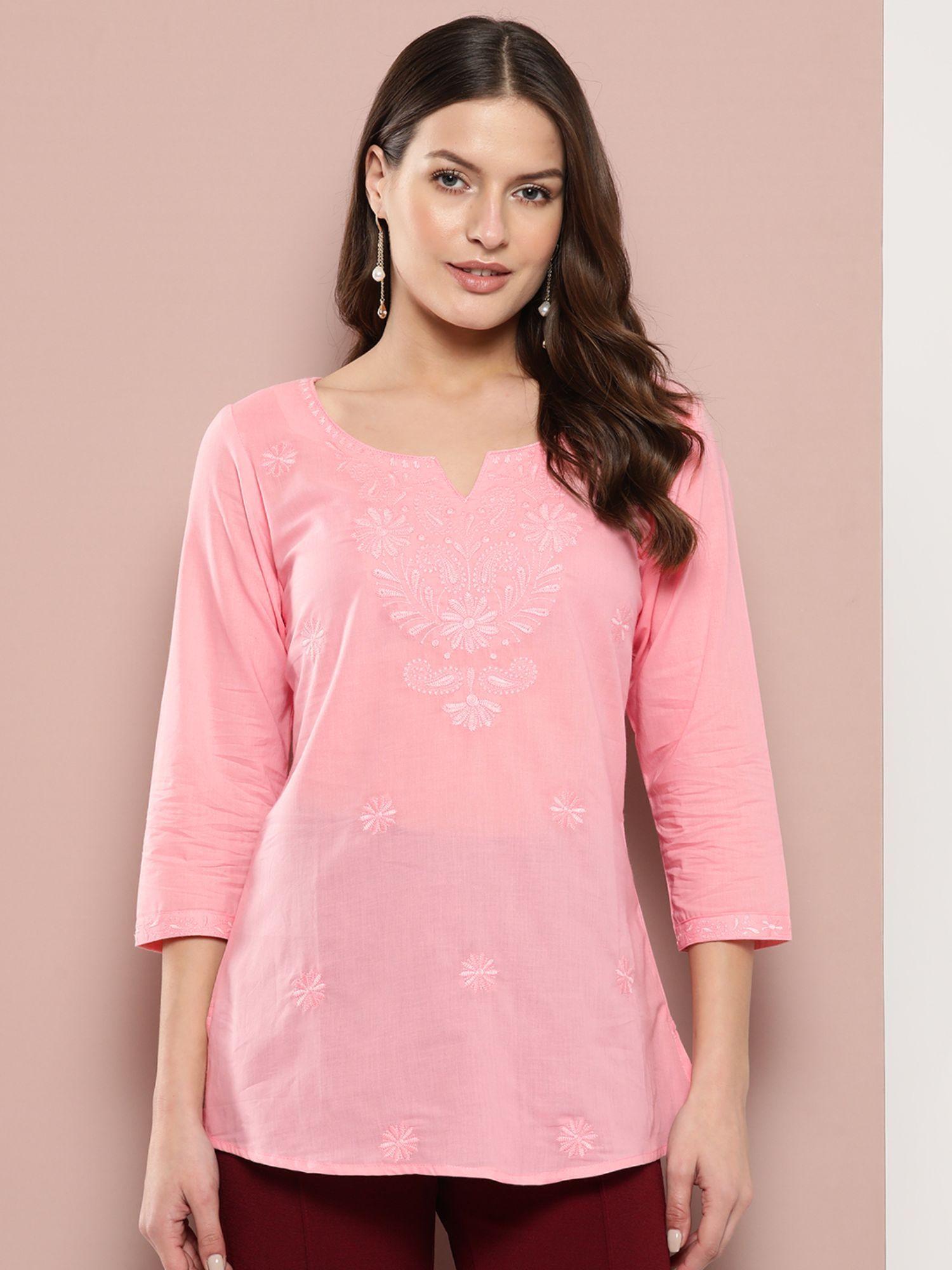 women peach chikankari regular top