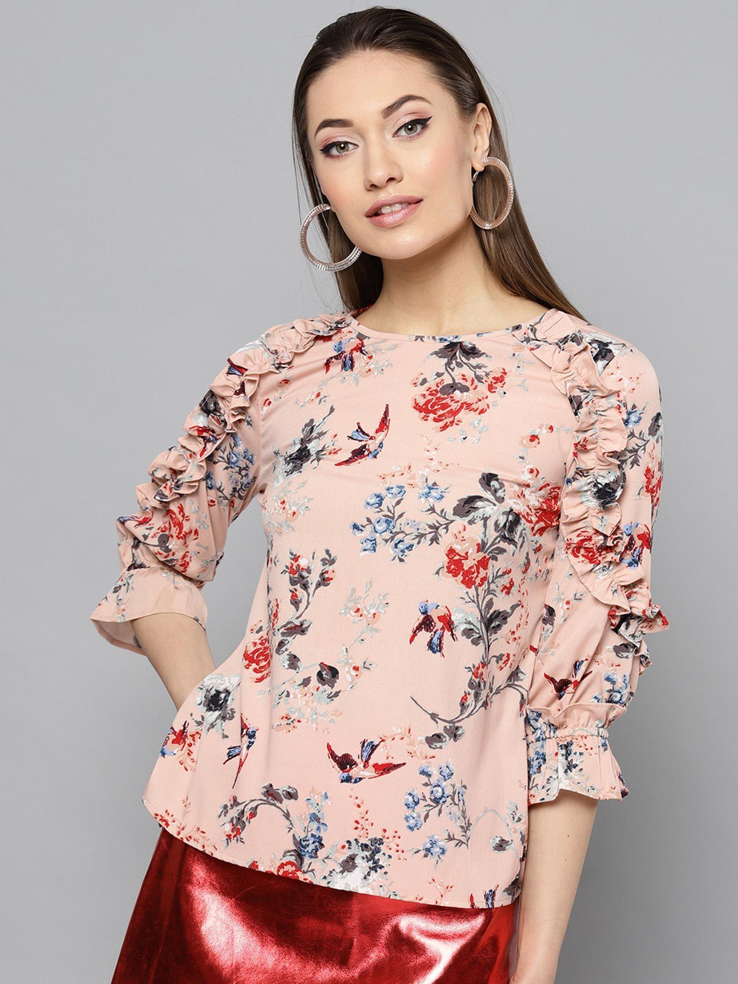 women peach-coloured & blue printed top