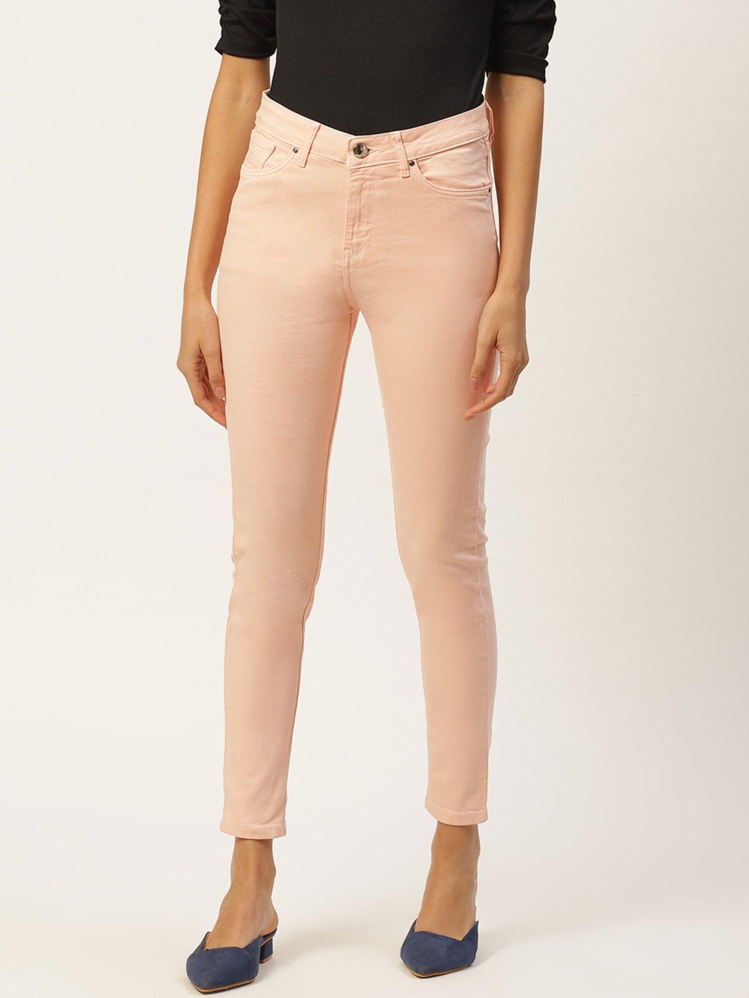 women peach-coloured comfort slim fit high-rise stretchable jeans