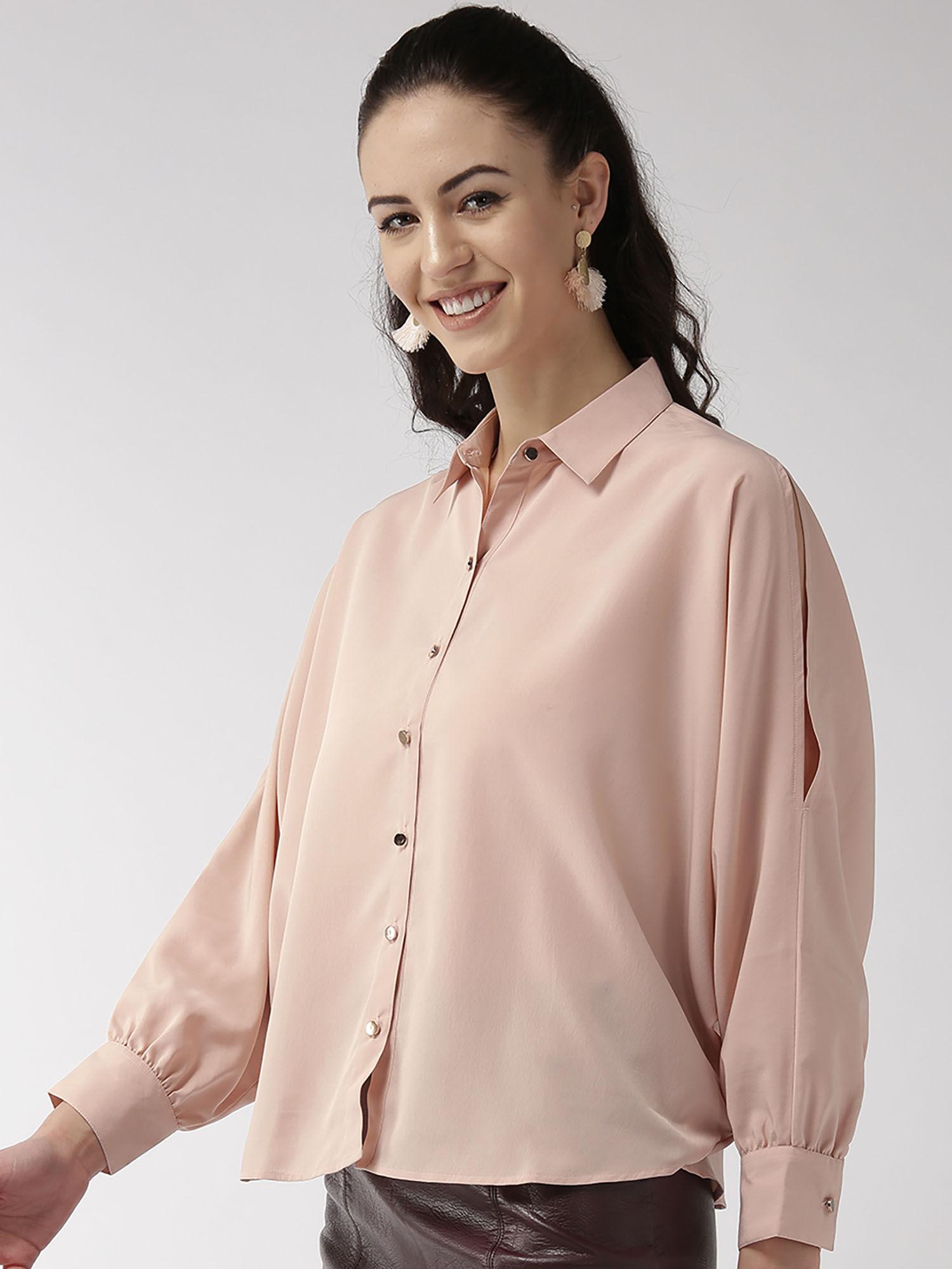 women peach-coloured solid contemporary fit casual shirt