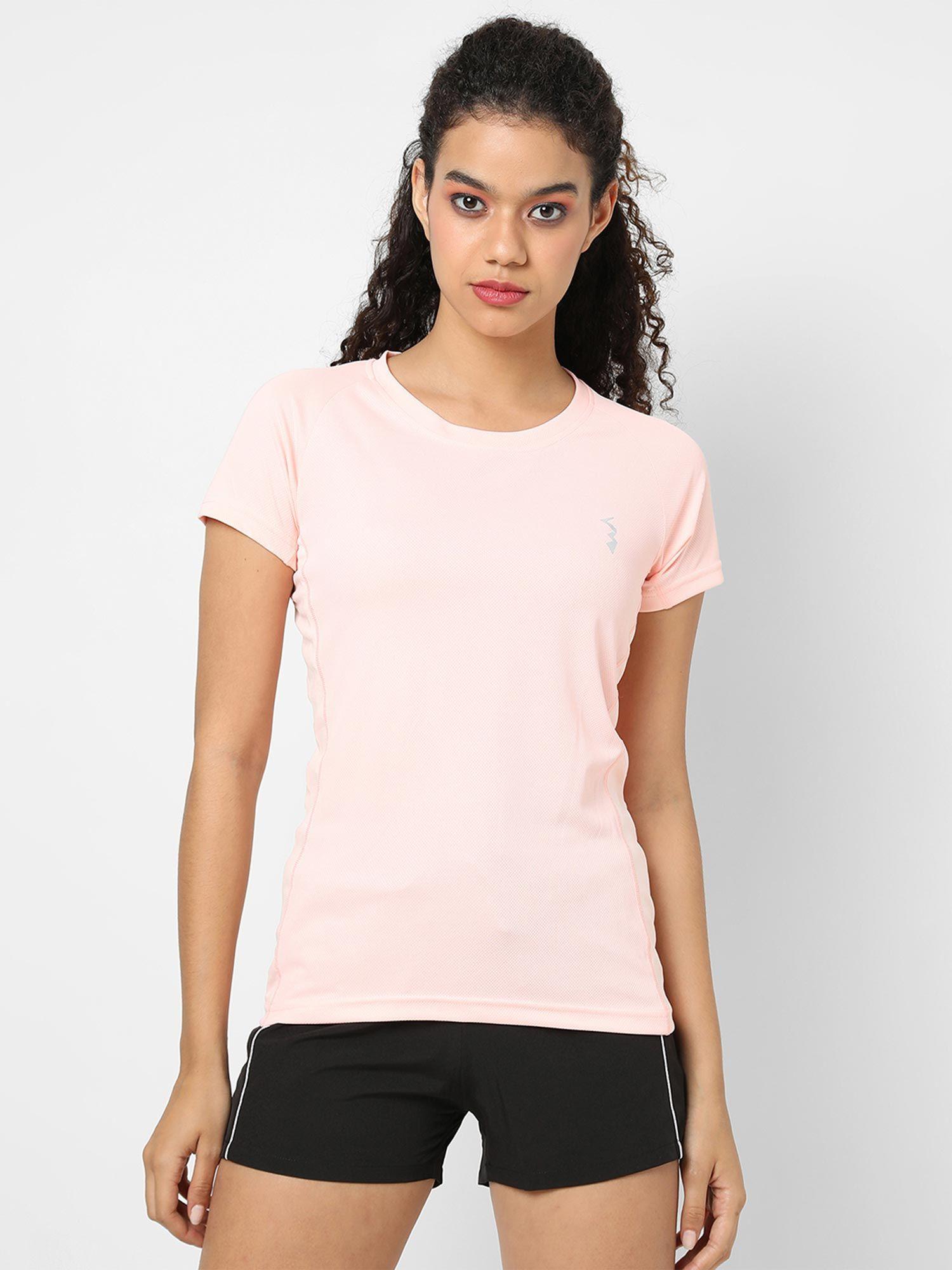 women peach-coloured solid round neck running t-shirt