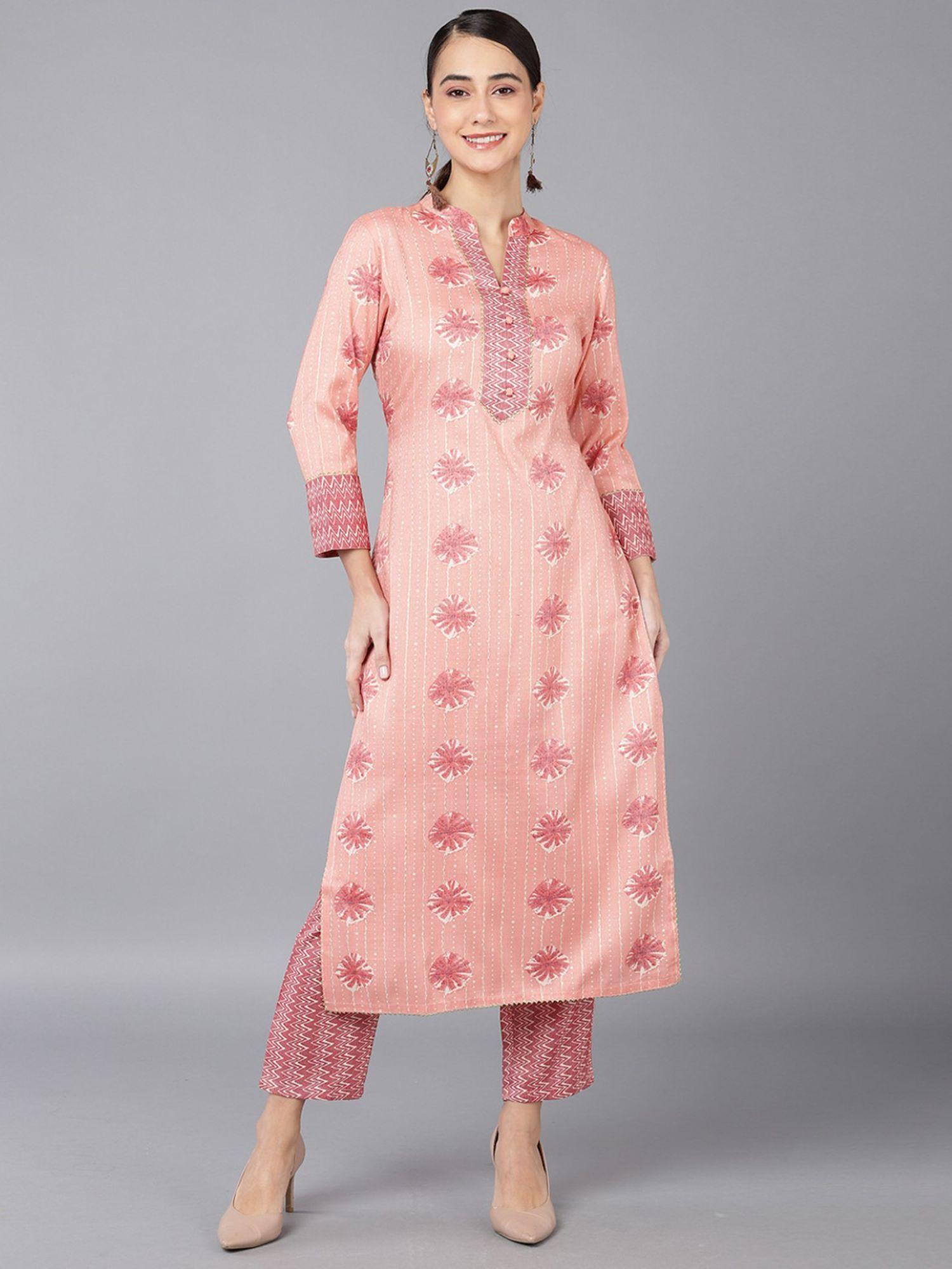 women peach cotton blend ethnic motifs printed straight kurta with pant (set of 2)