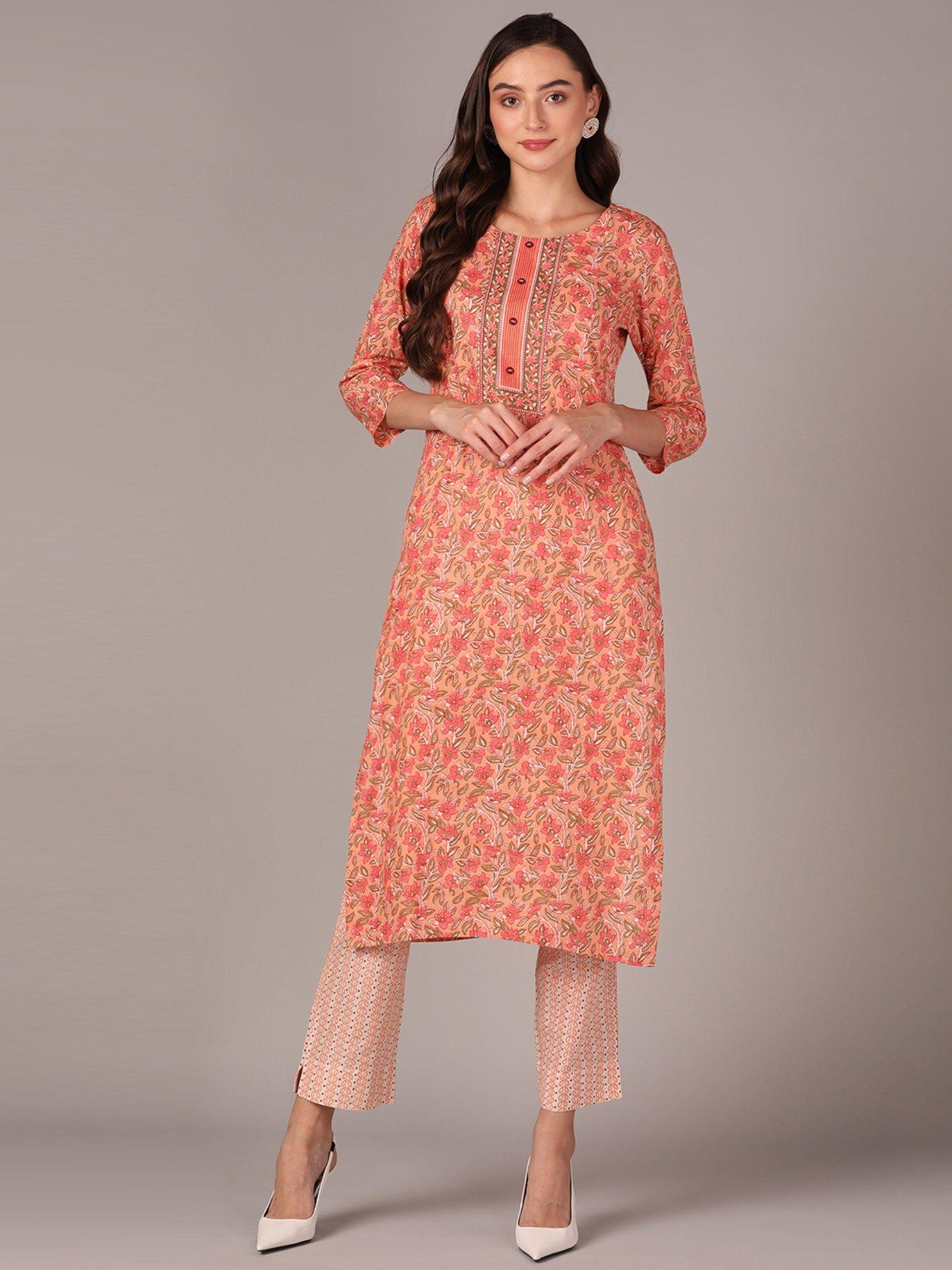 women peach cotton blend floral straight kurta with pant (set of 2)