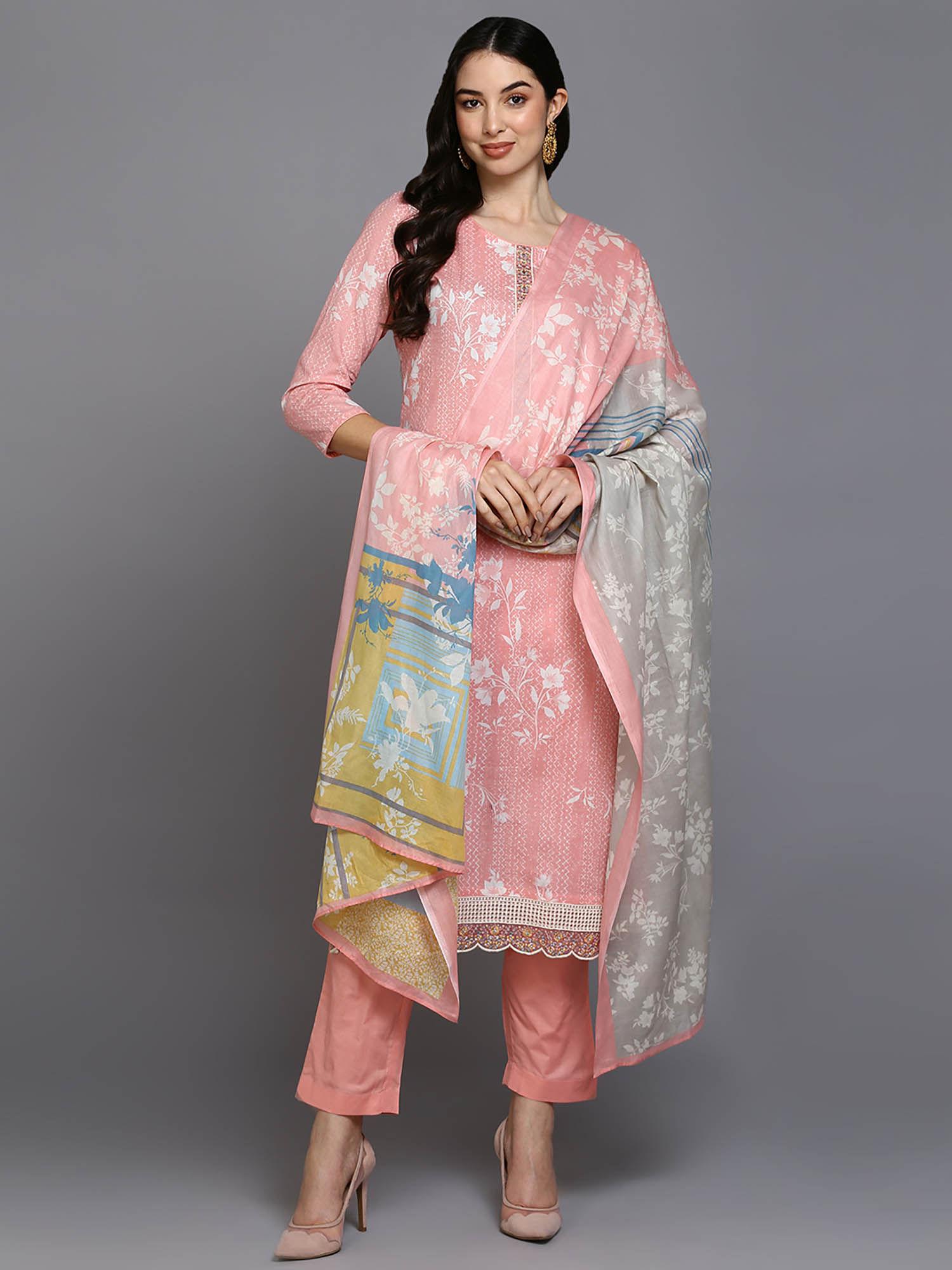 women peach cotton blend motifs printed straight kurta pants with dupatta (set of 3)