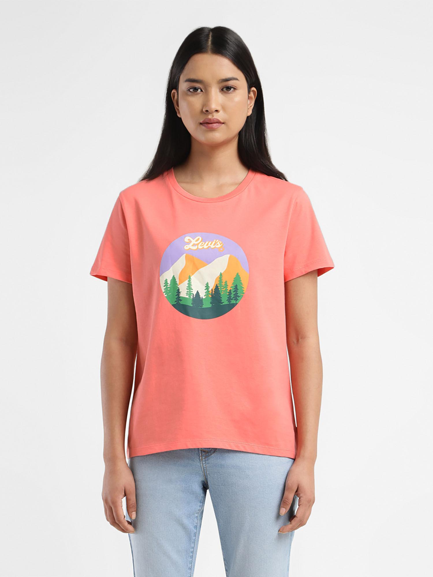 women peach cotton crew neck graphic printed t-shirt