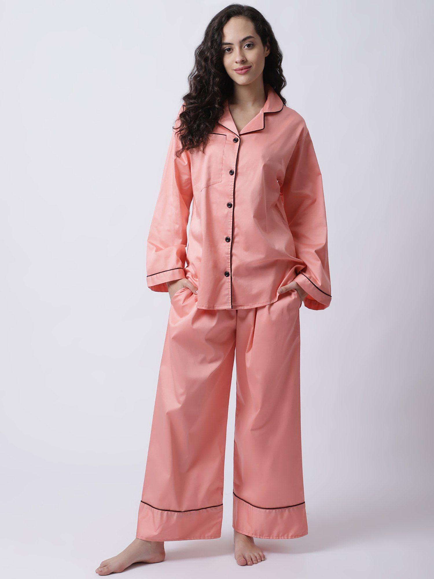 women peach cotton satin night suit (set of 2)