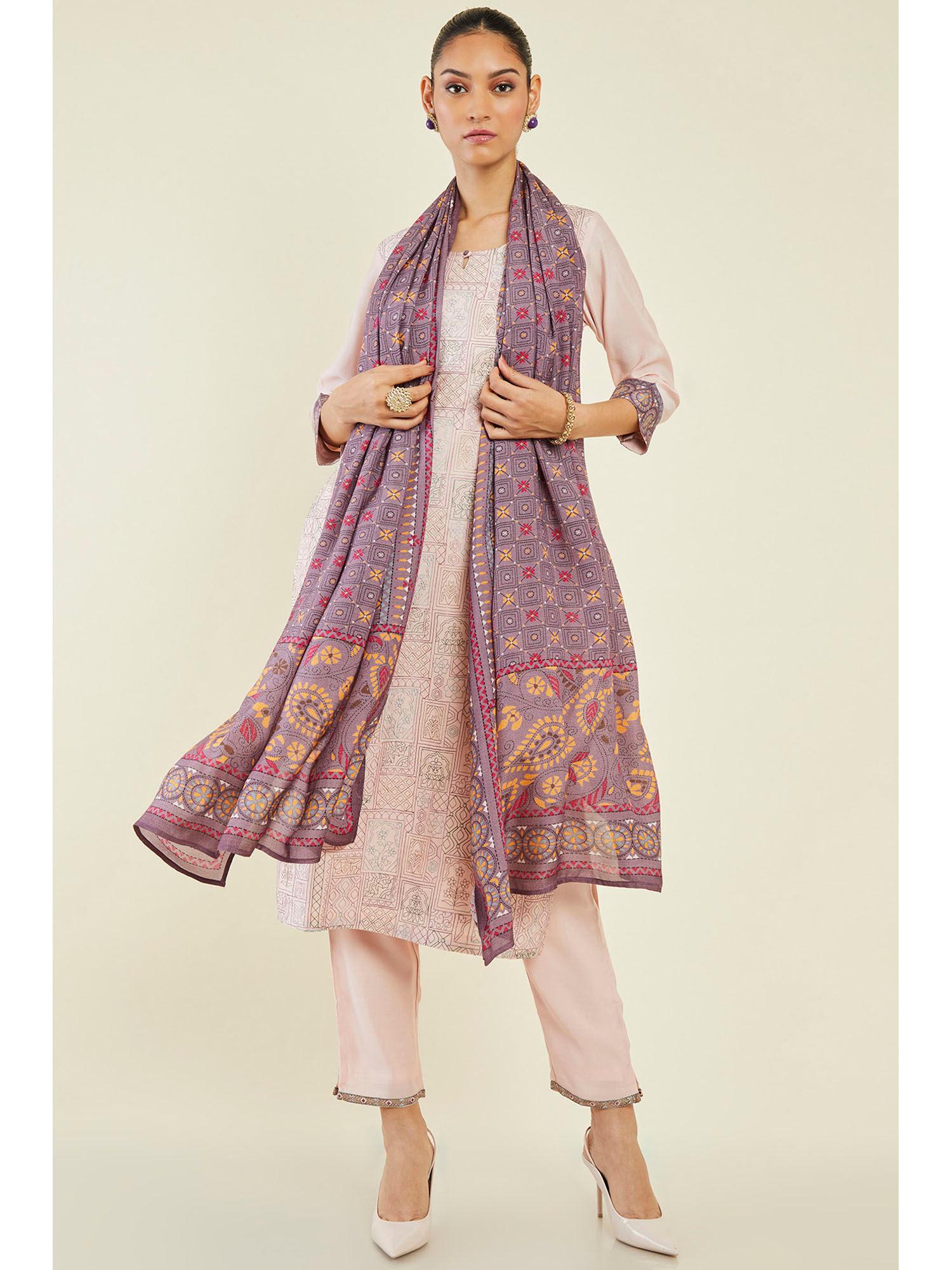 women peach cotton silk printed suit (set of 3)