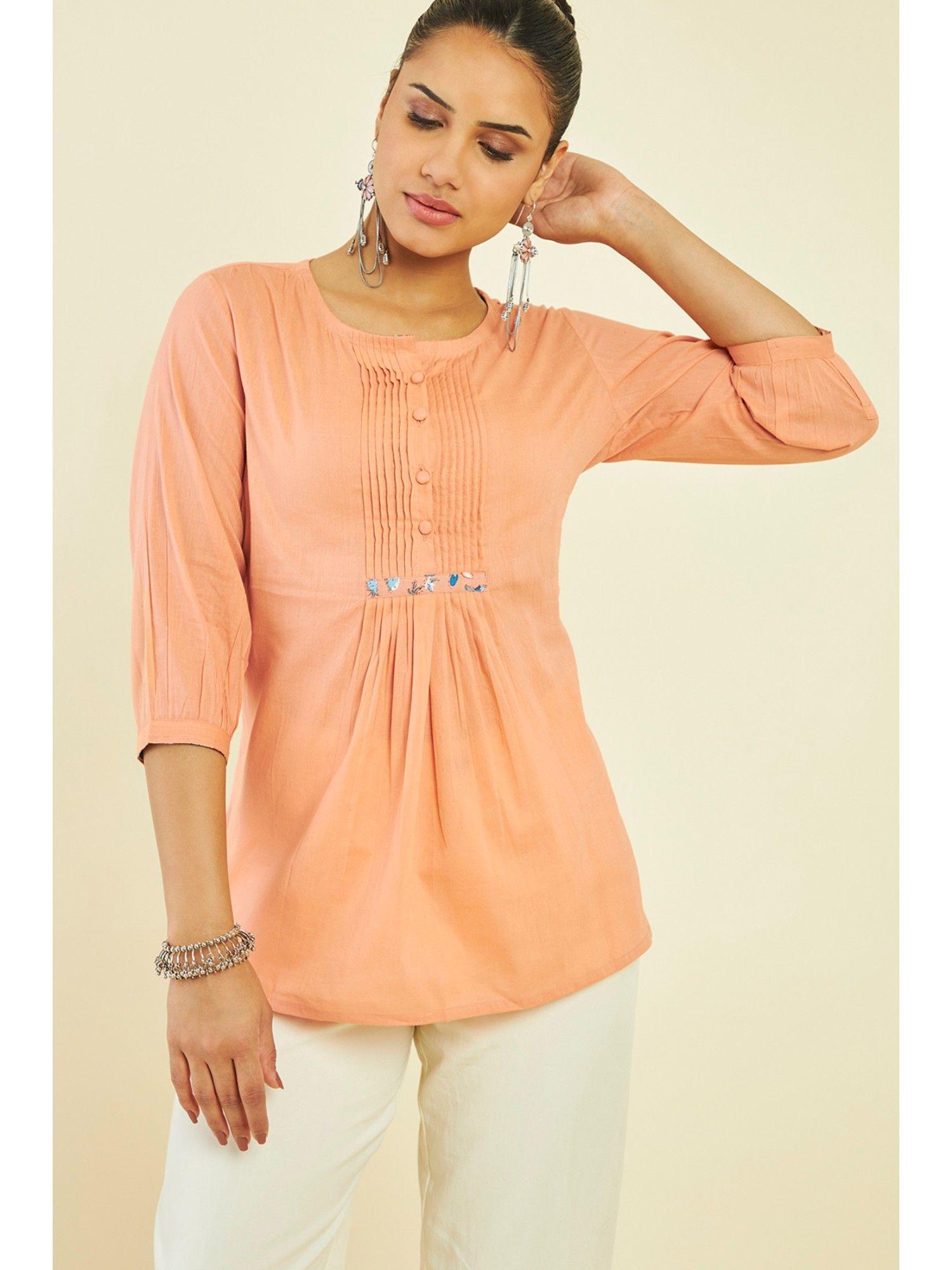 women peach cotton solid/plain tunic