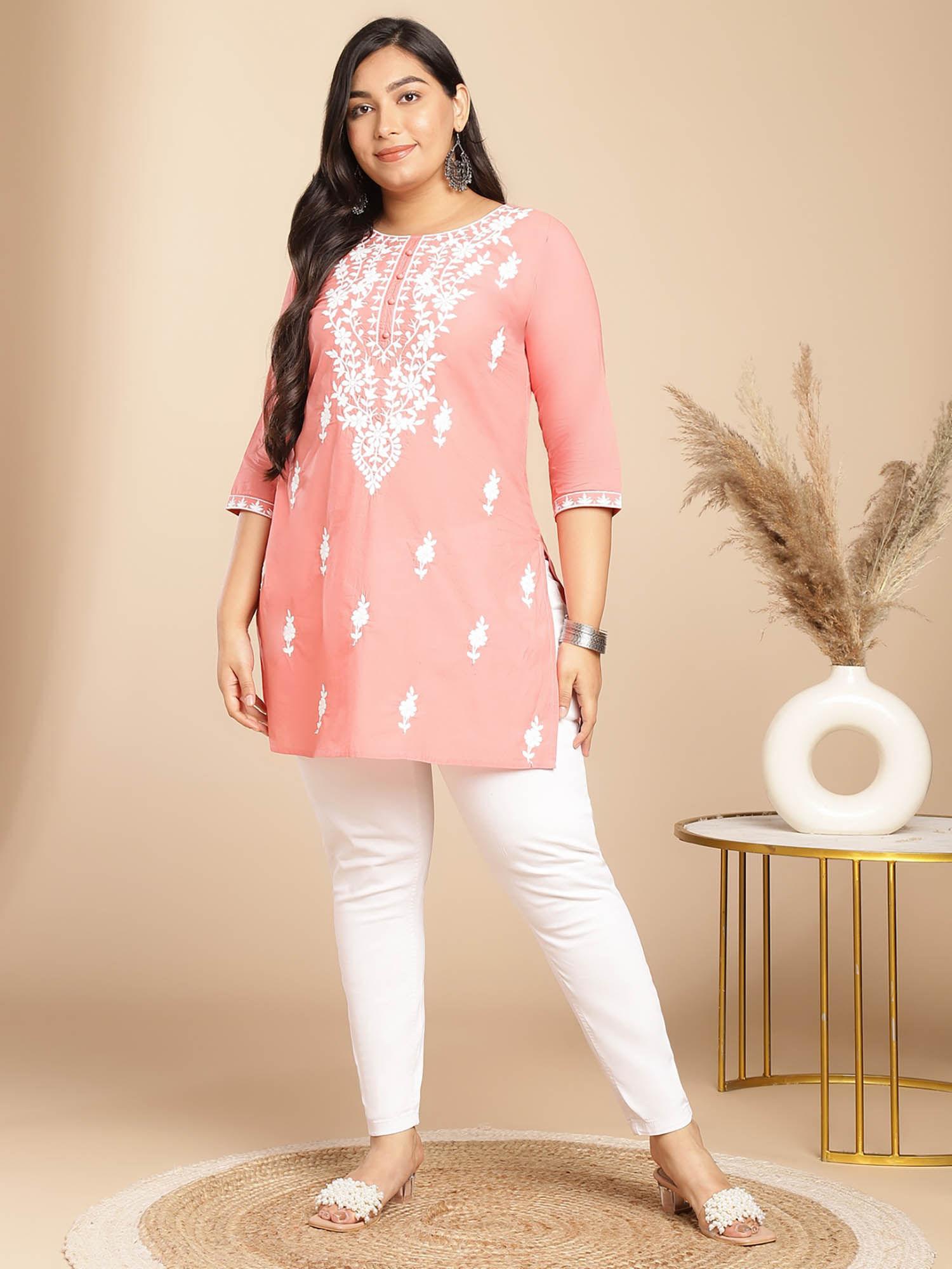 women peach cotton thread work embroidered kurti