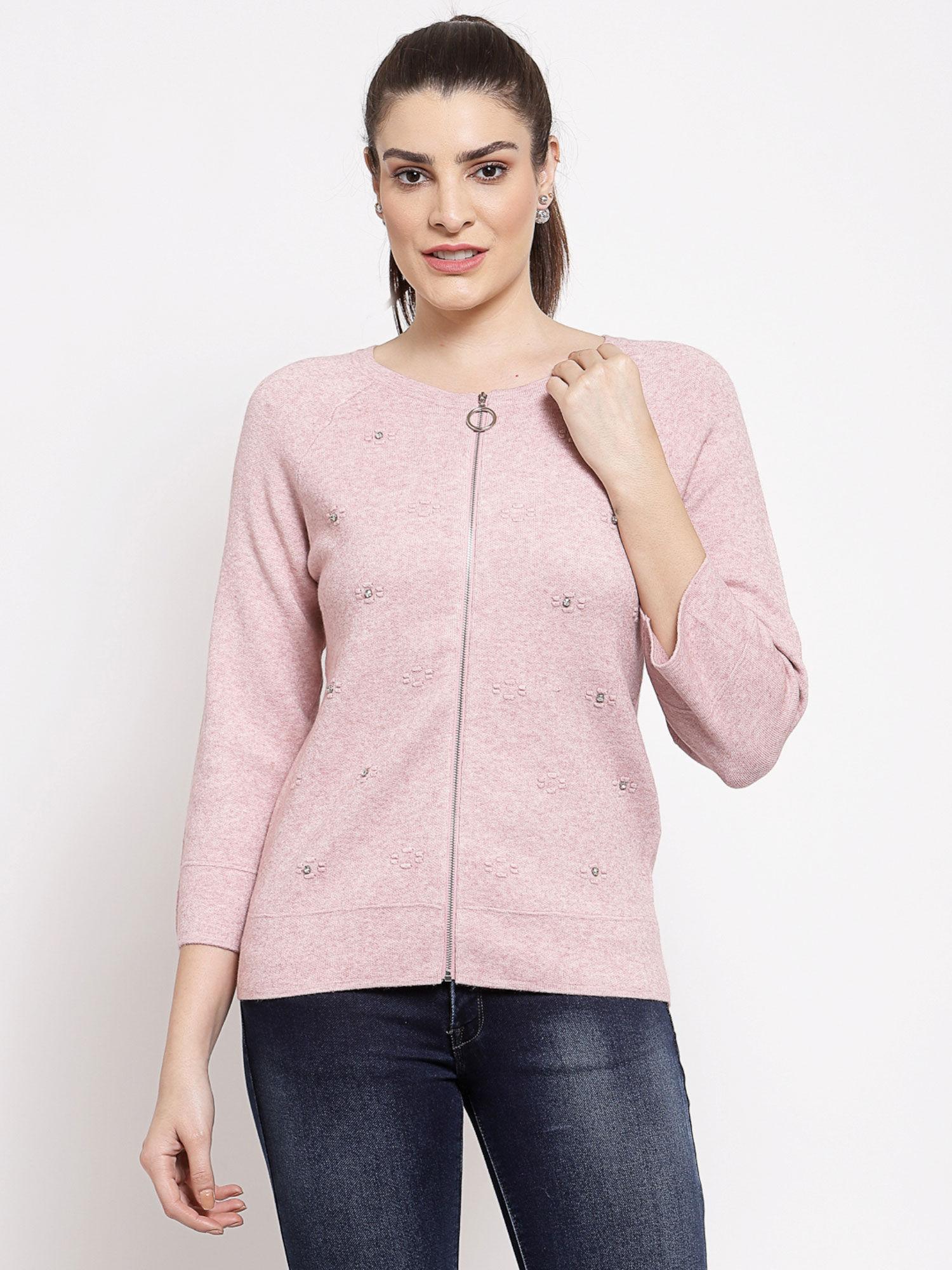 women peach embellished round neck viscose cardigan