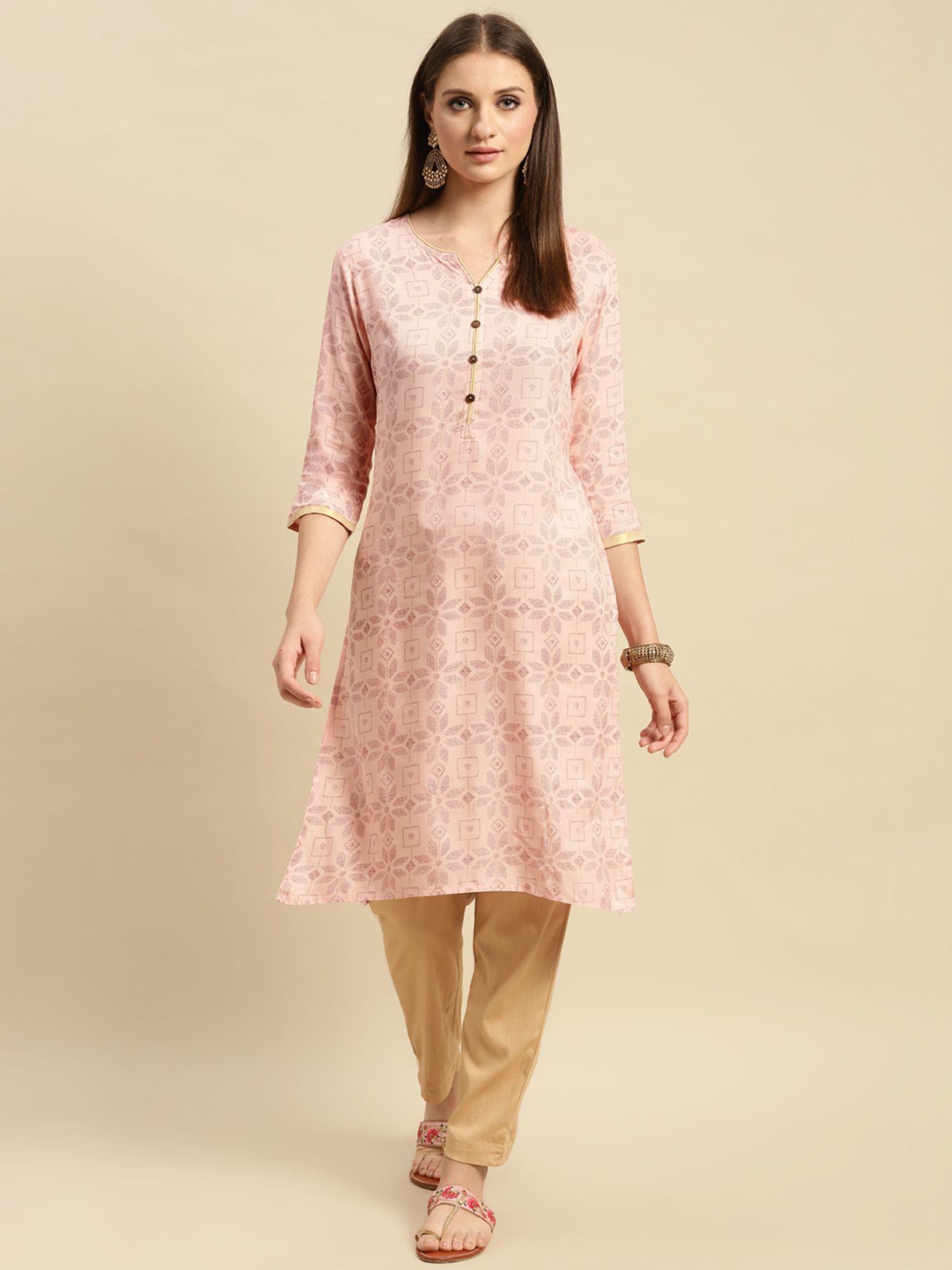 women peach floral printed contrast placket knee length straight kurta