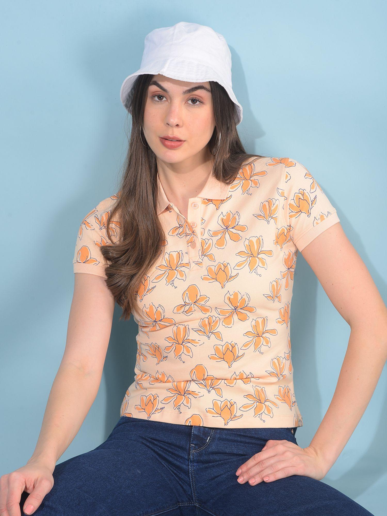 women peach floral printed polo t-shirt