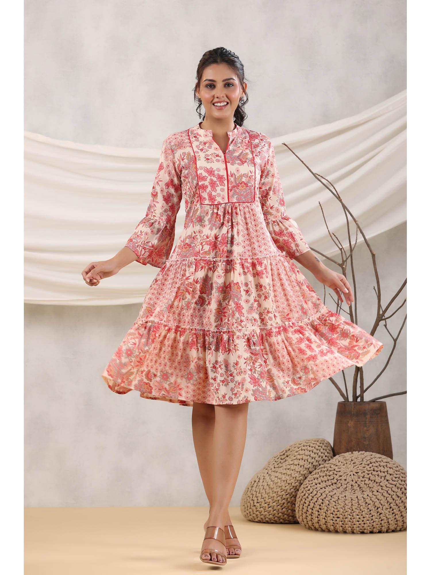 women peach floral printed pure cotton flared ethnic dress