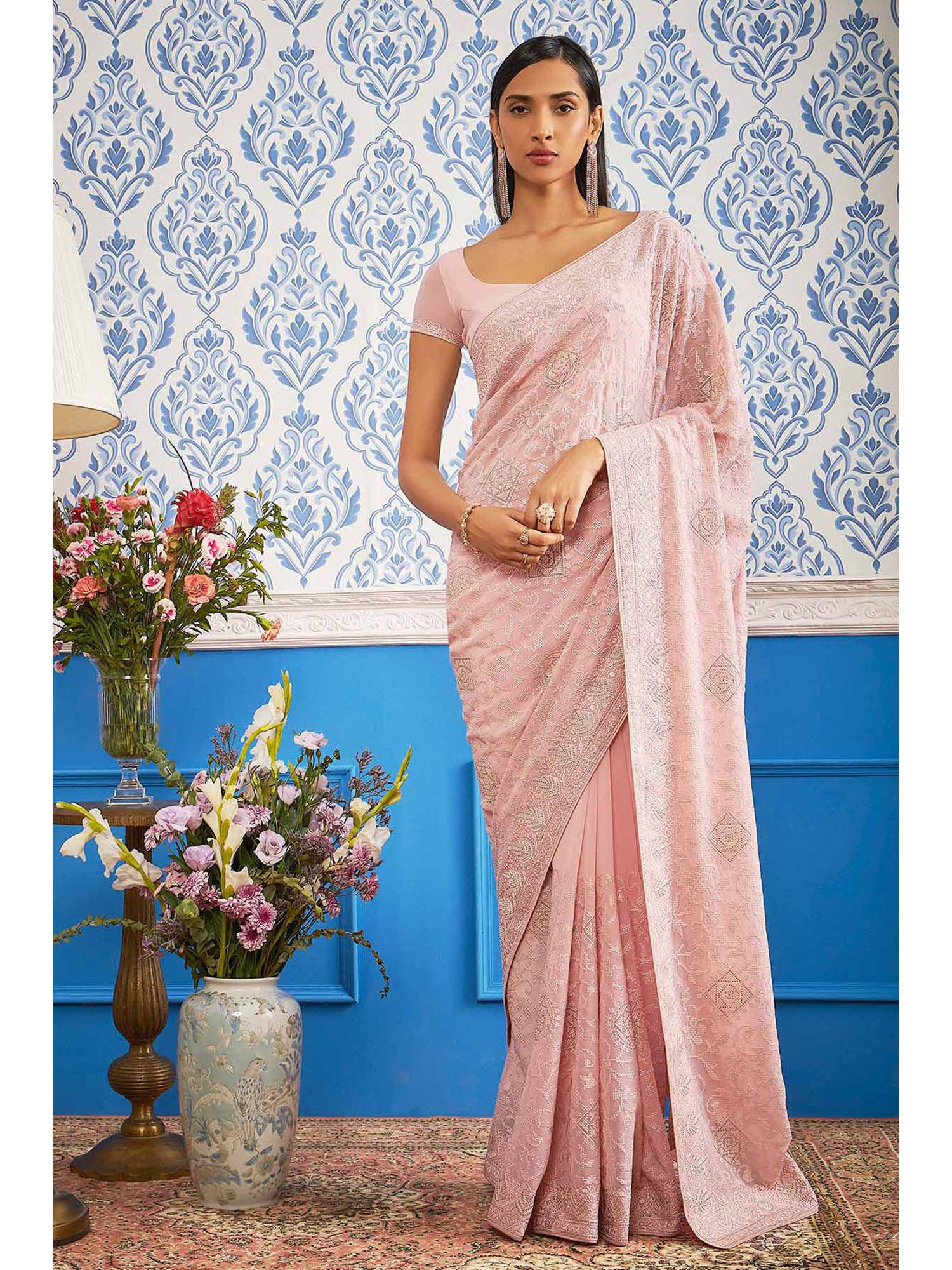 women peach georgette embroidered saree with unstitched