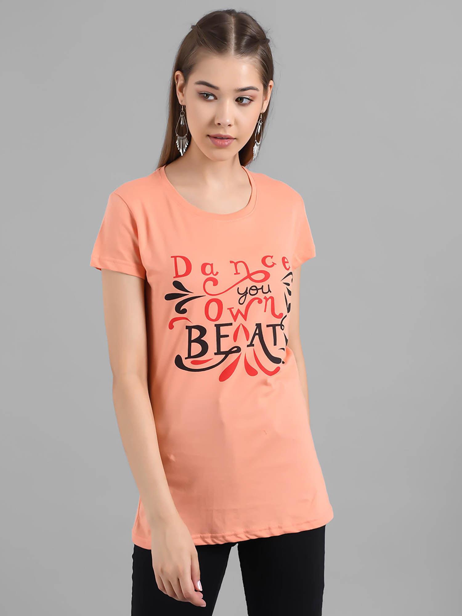 women peach half sleeves round neck printed t-shirt