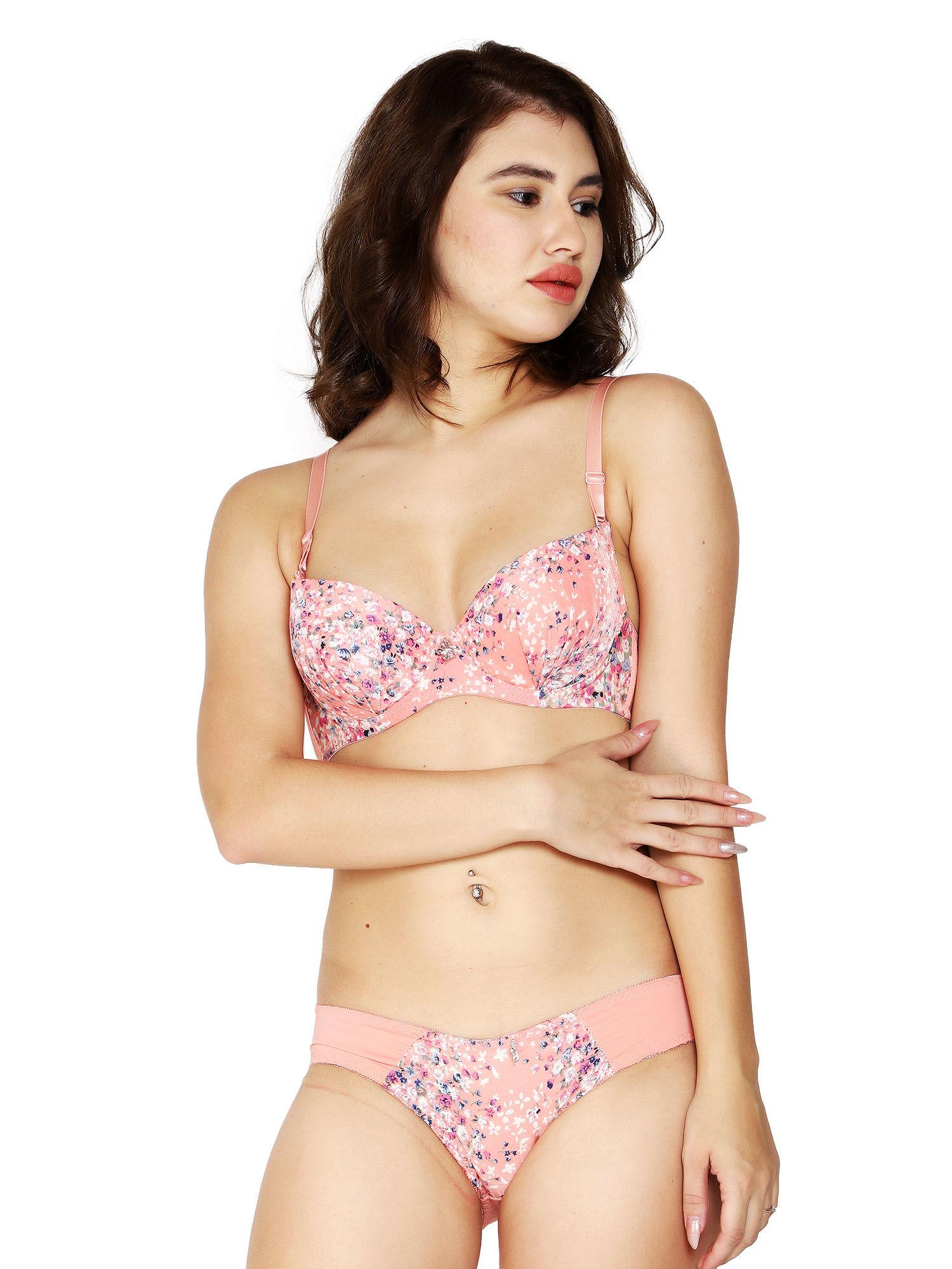 women peach lace bra with panty (set of 2)