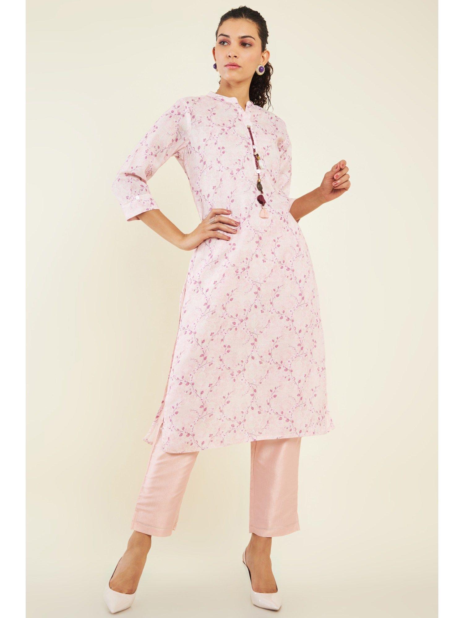 women peach linen printed kurta