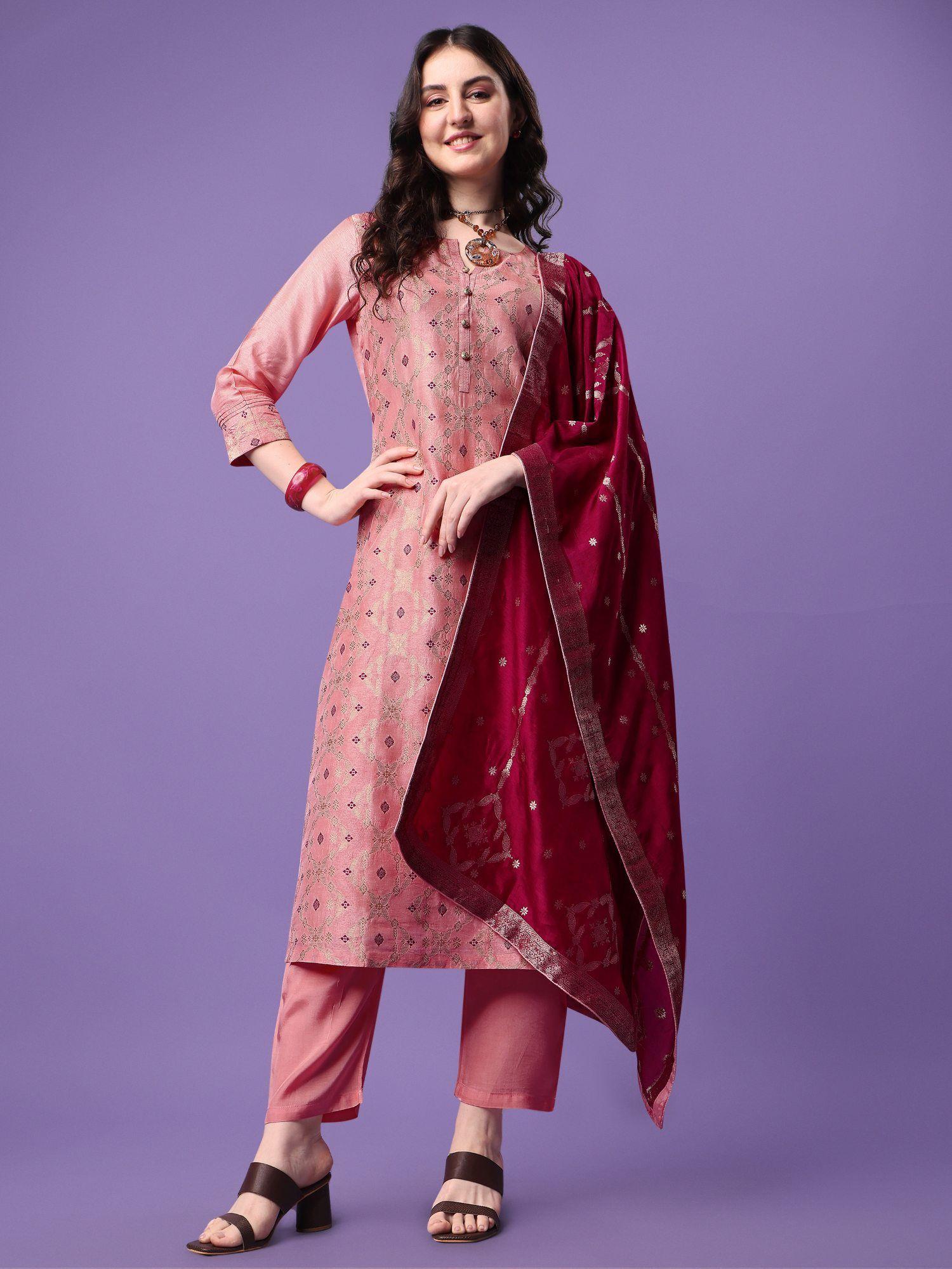 women peach meena jacquard with jacquard dupatta and trousers (set of 3)