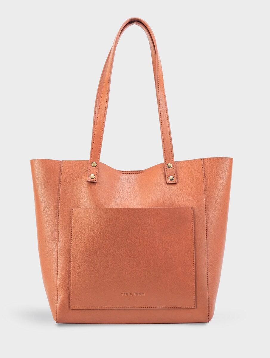 women peach orange leather tote bag