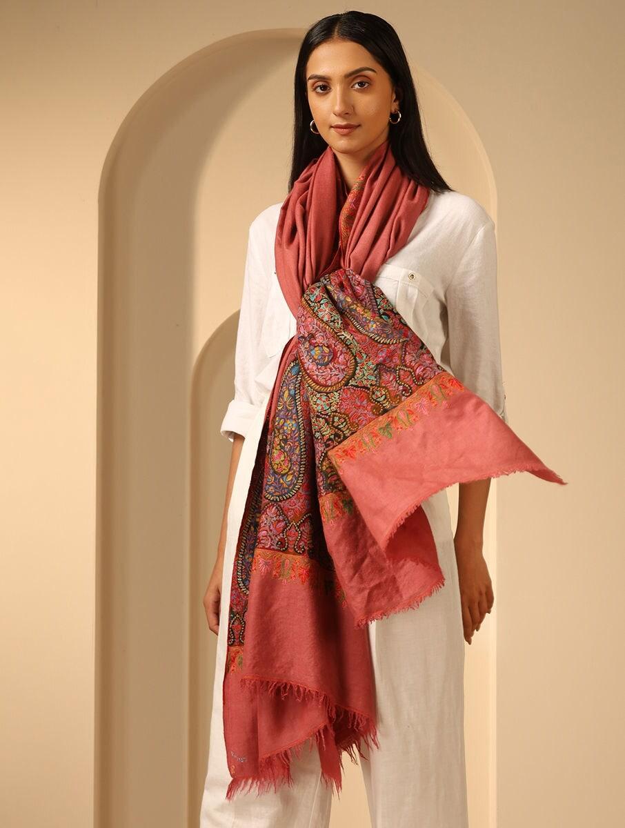 women peach orange pashmina hand woven shawls