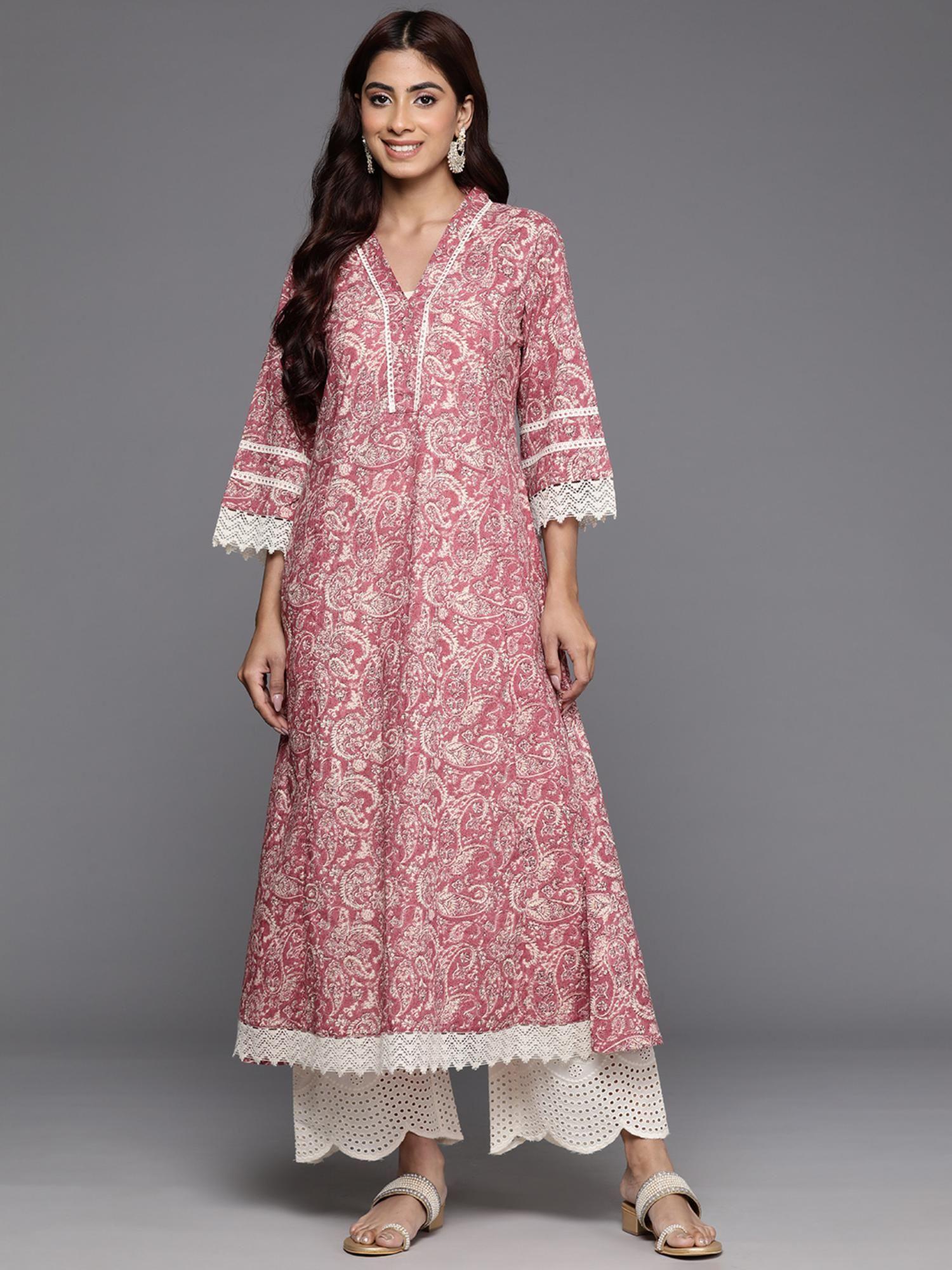 women peach paisley floral lace embellished a-line kurta