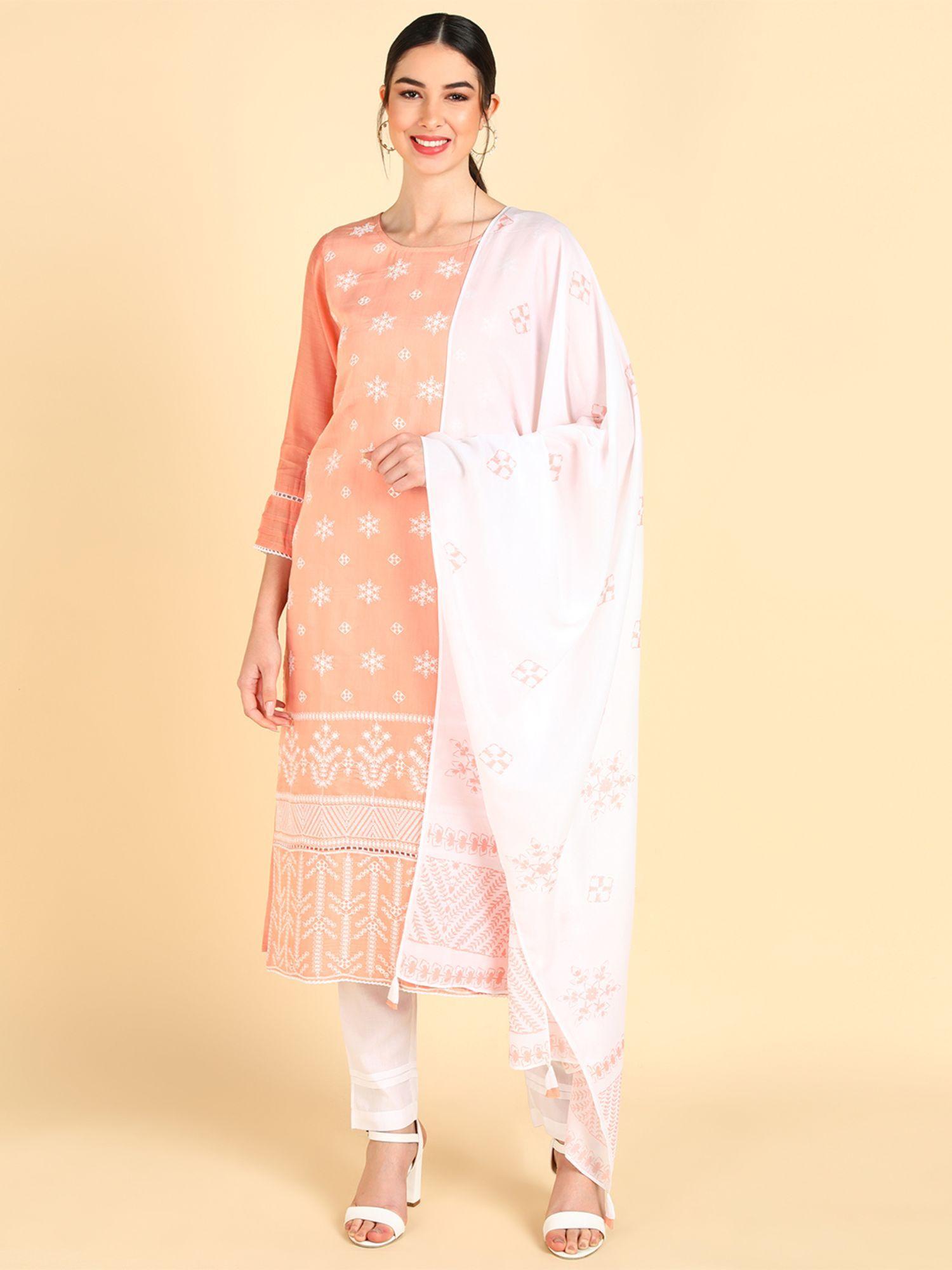 women peach poly silk embroidered straight kurta trouser with dupatta (set of 3)