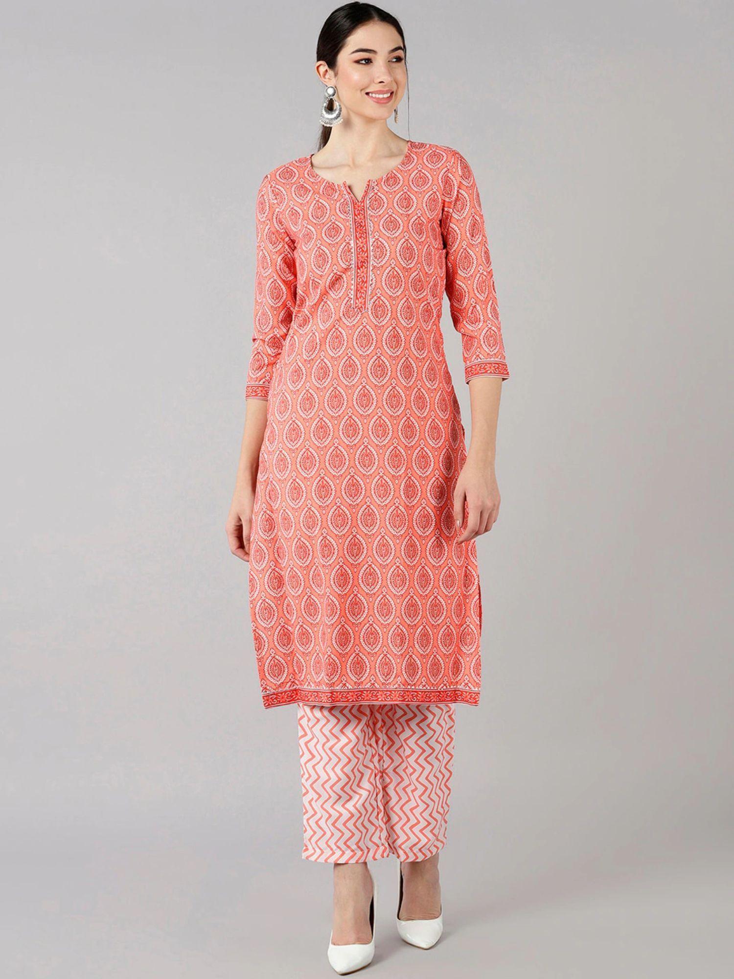 women peach polyester ethnic motifs printed straight kurta with pant (set of 2)