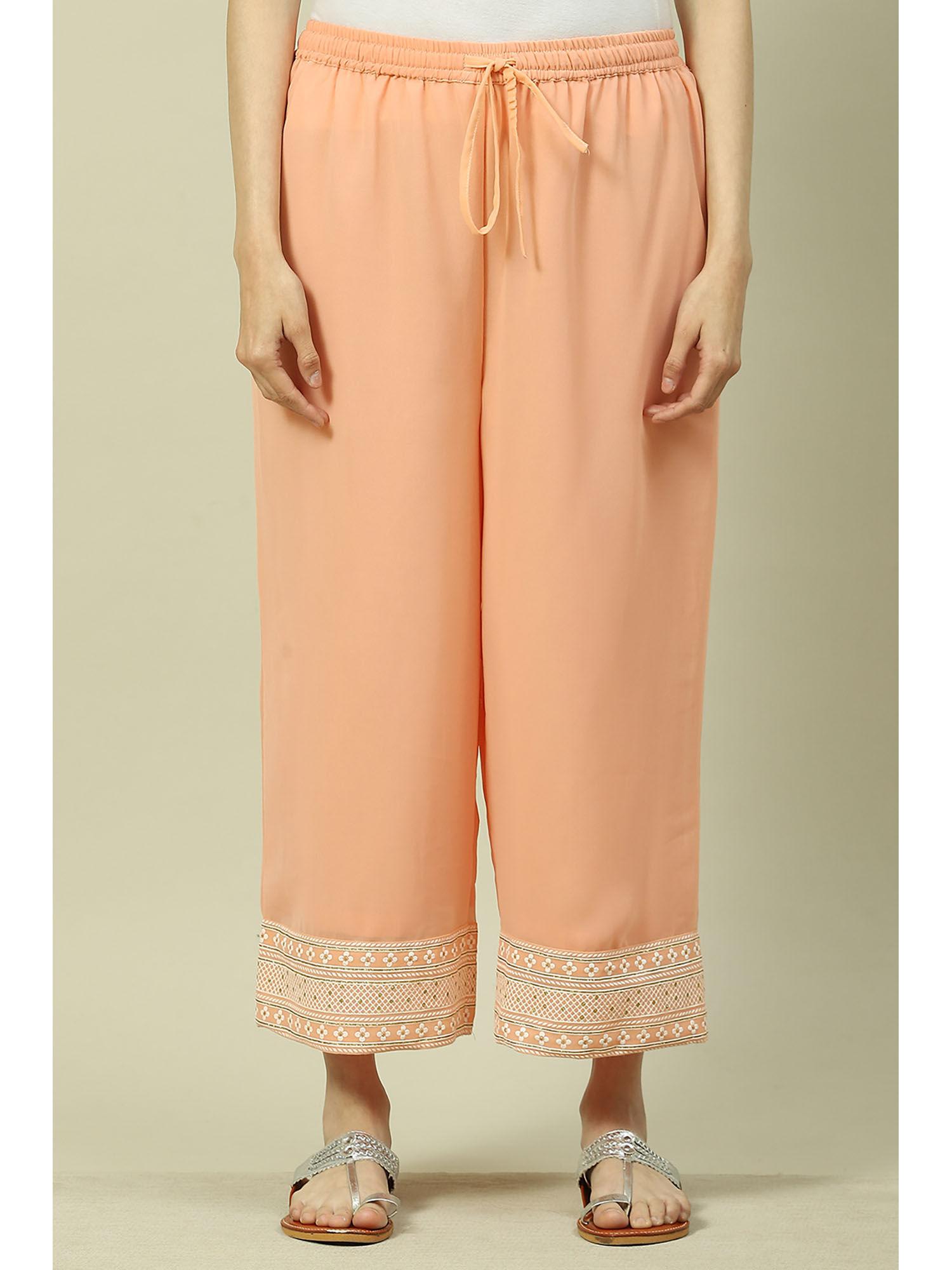 women peach polyester thread work palazzo