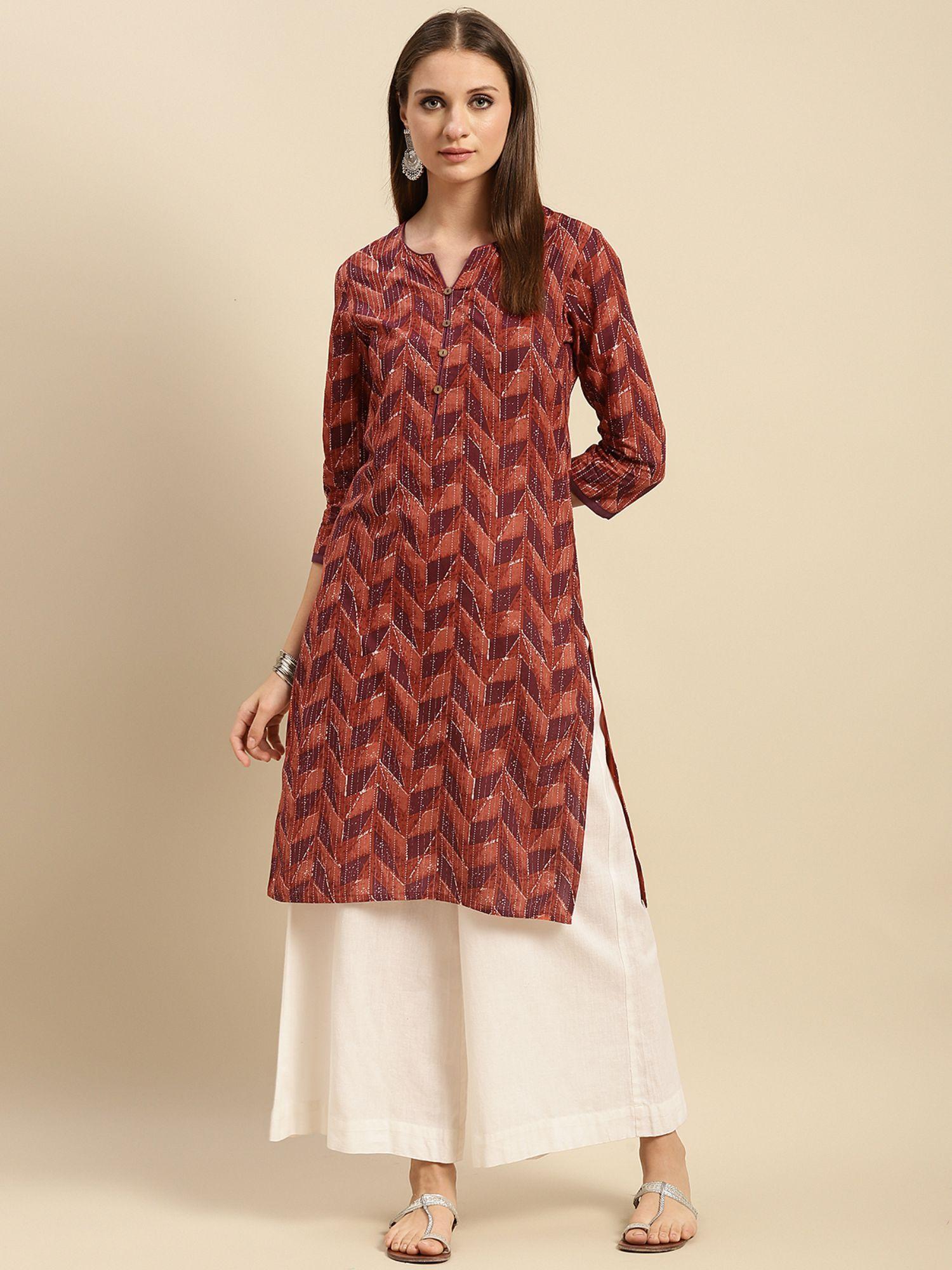 women peach printed knee length straight kurta