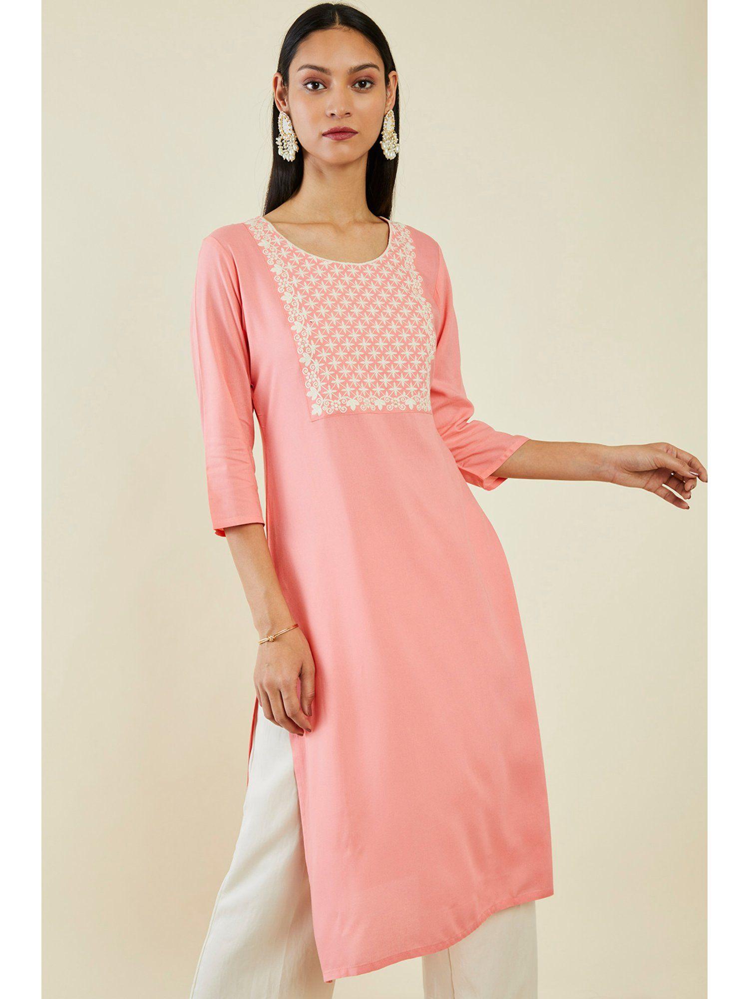 women peach rayon embroidered kurta