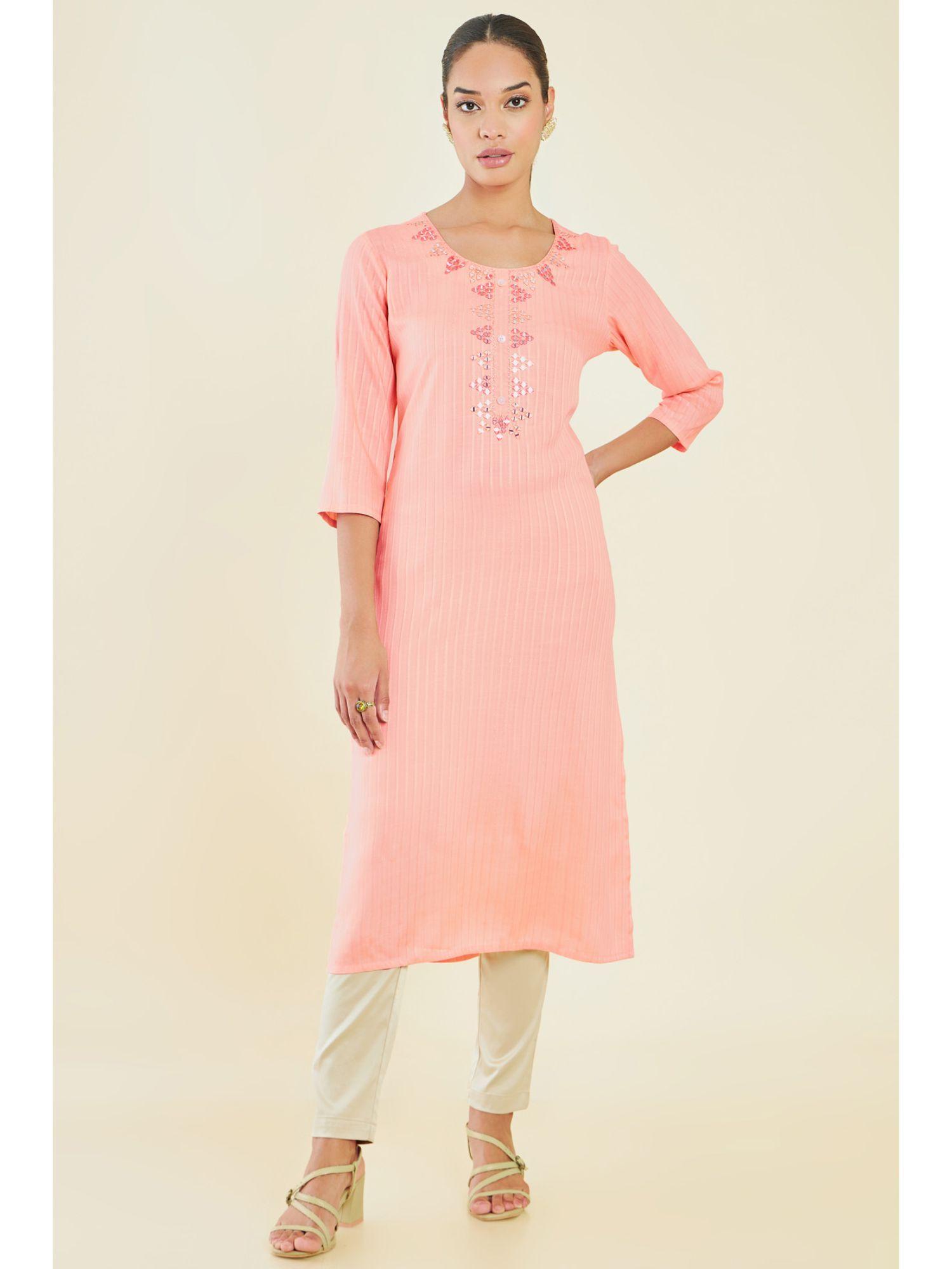 women peach rayon embroidered kurta