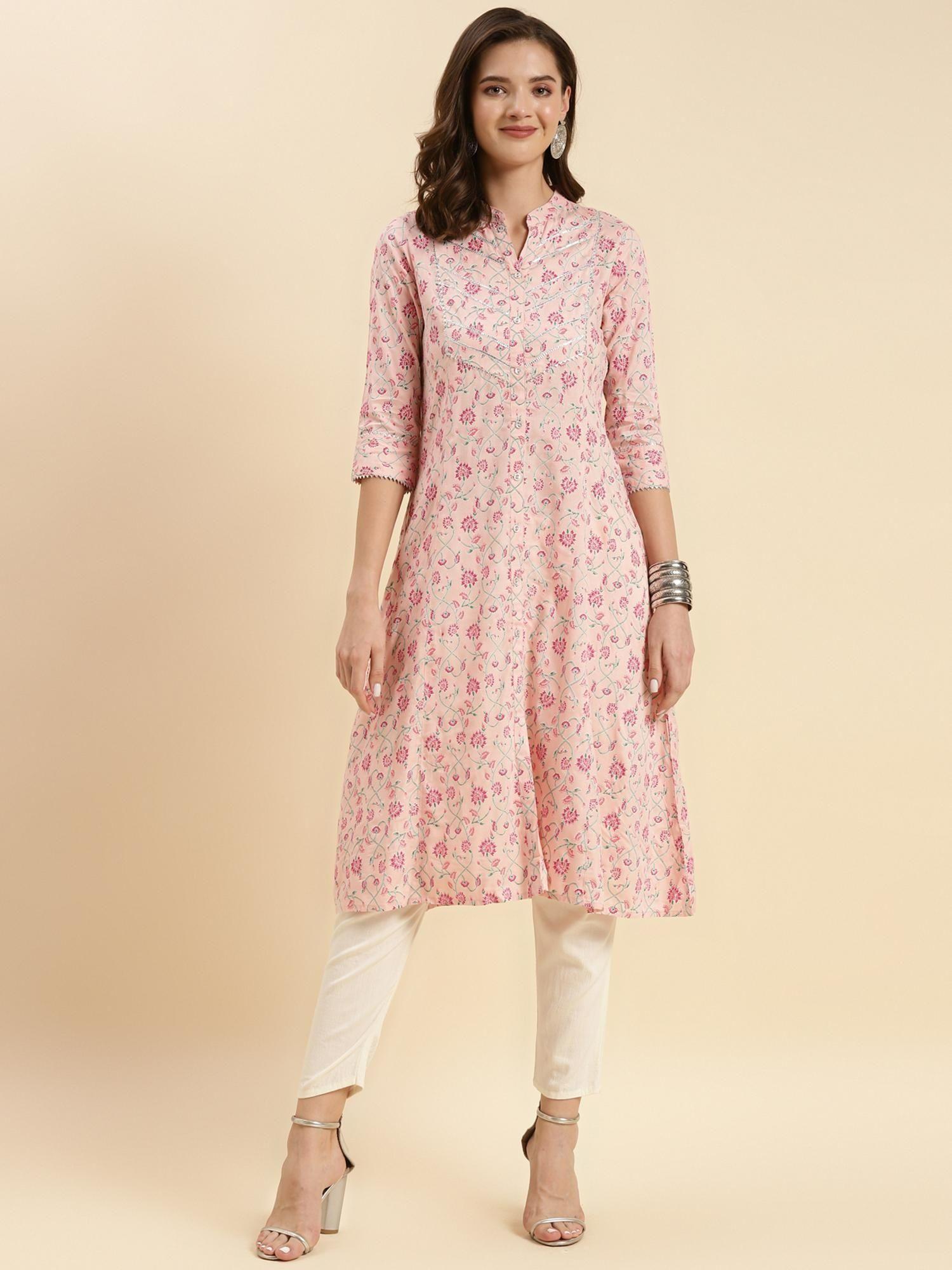 women peach rayon printed calf length a-line kurta