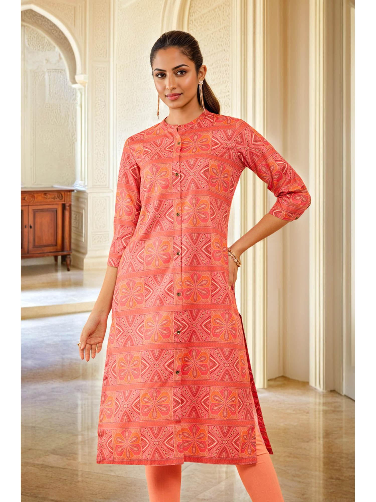 women peach rayon printed kurta