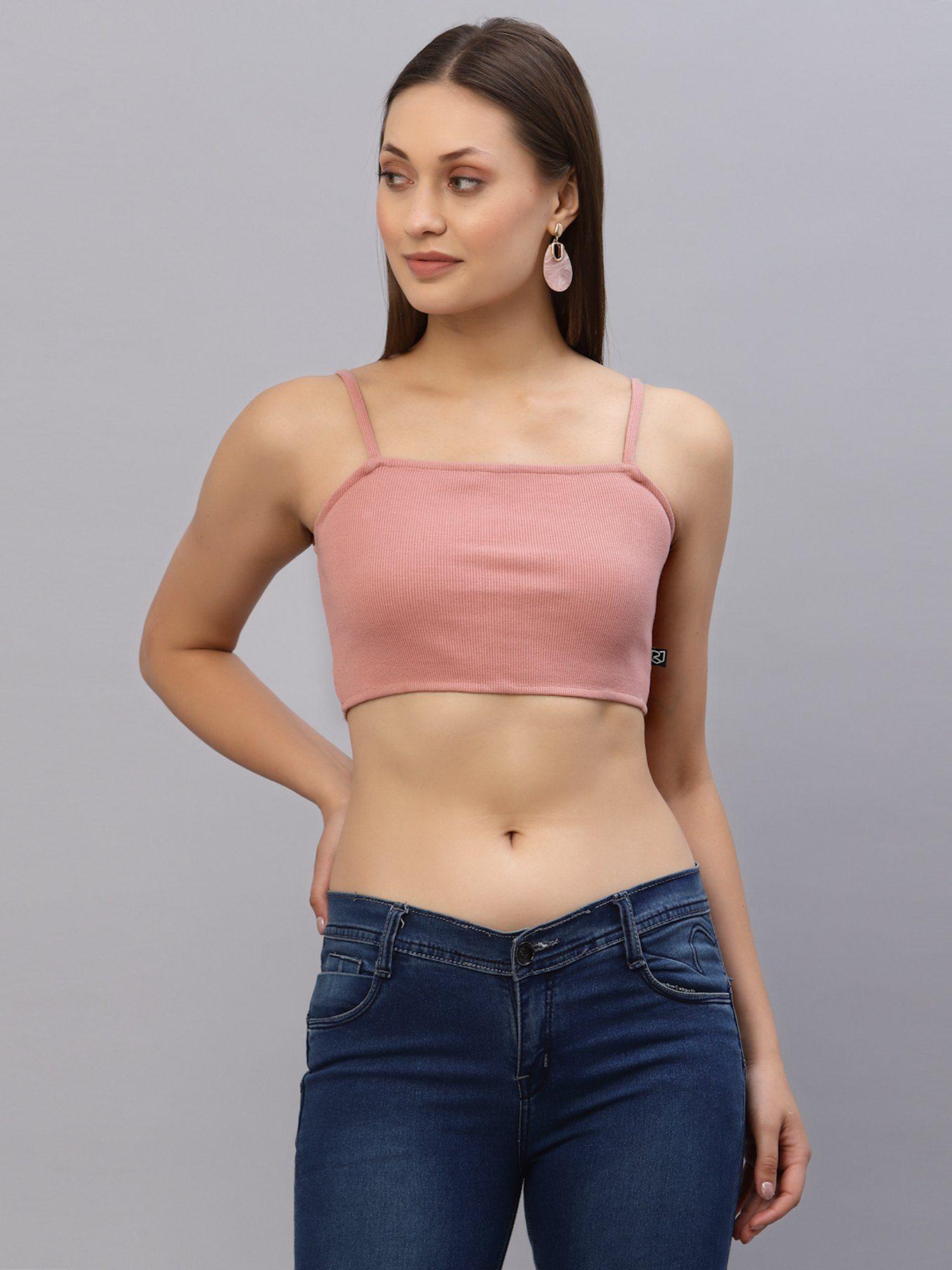 women peach ribbed strappy crop top