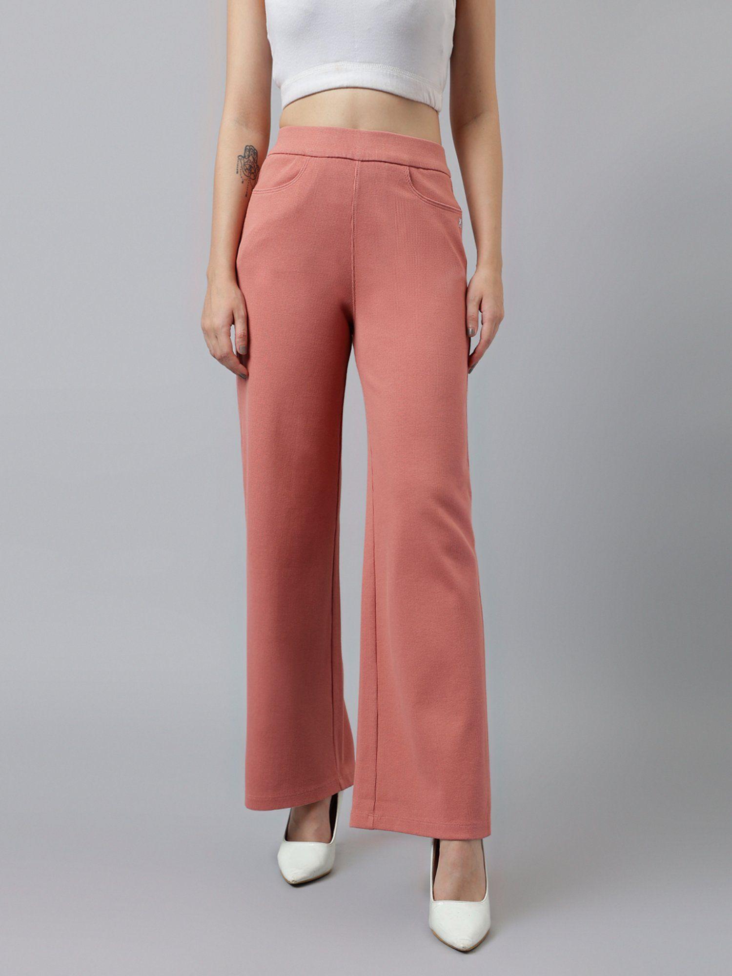 women peach ribbed wide leg high rise trouser