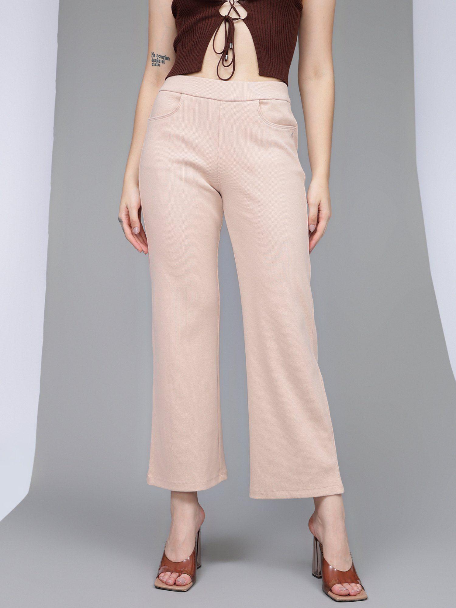 women peach ribbed wide leg high-rise trousers