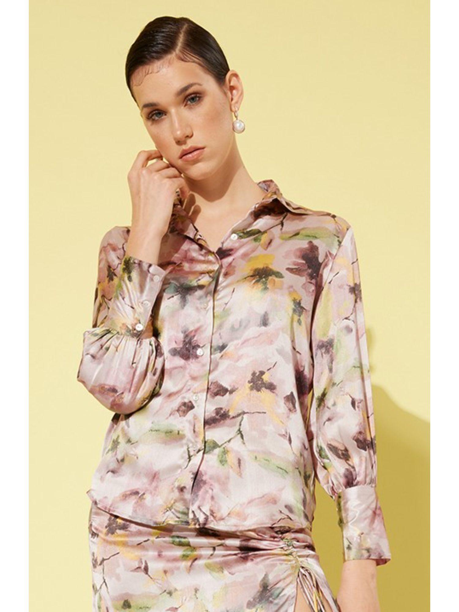 women peach satin comfort tailored fit printed casual shirt