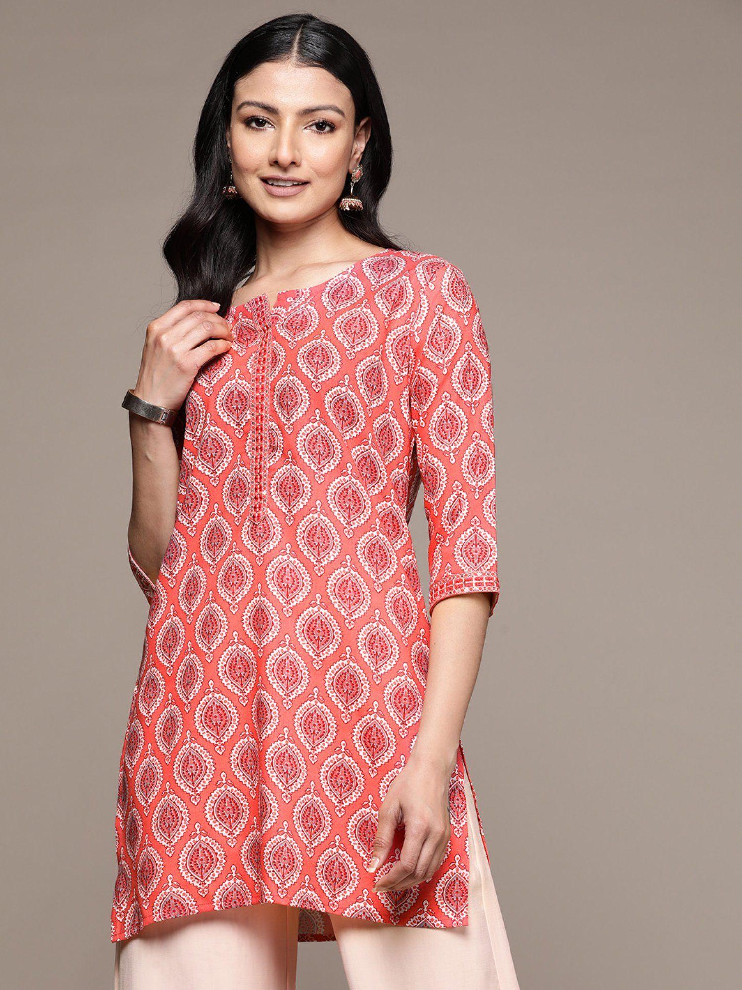 women peach sequined ethnic motifs printed straight kurti